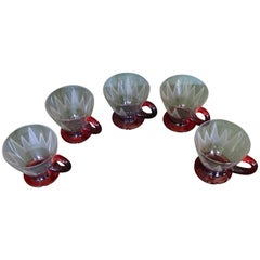 5 Art Nouveau Tea Glasses with Red Base and Holder Engraved