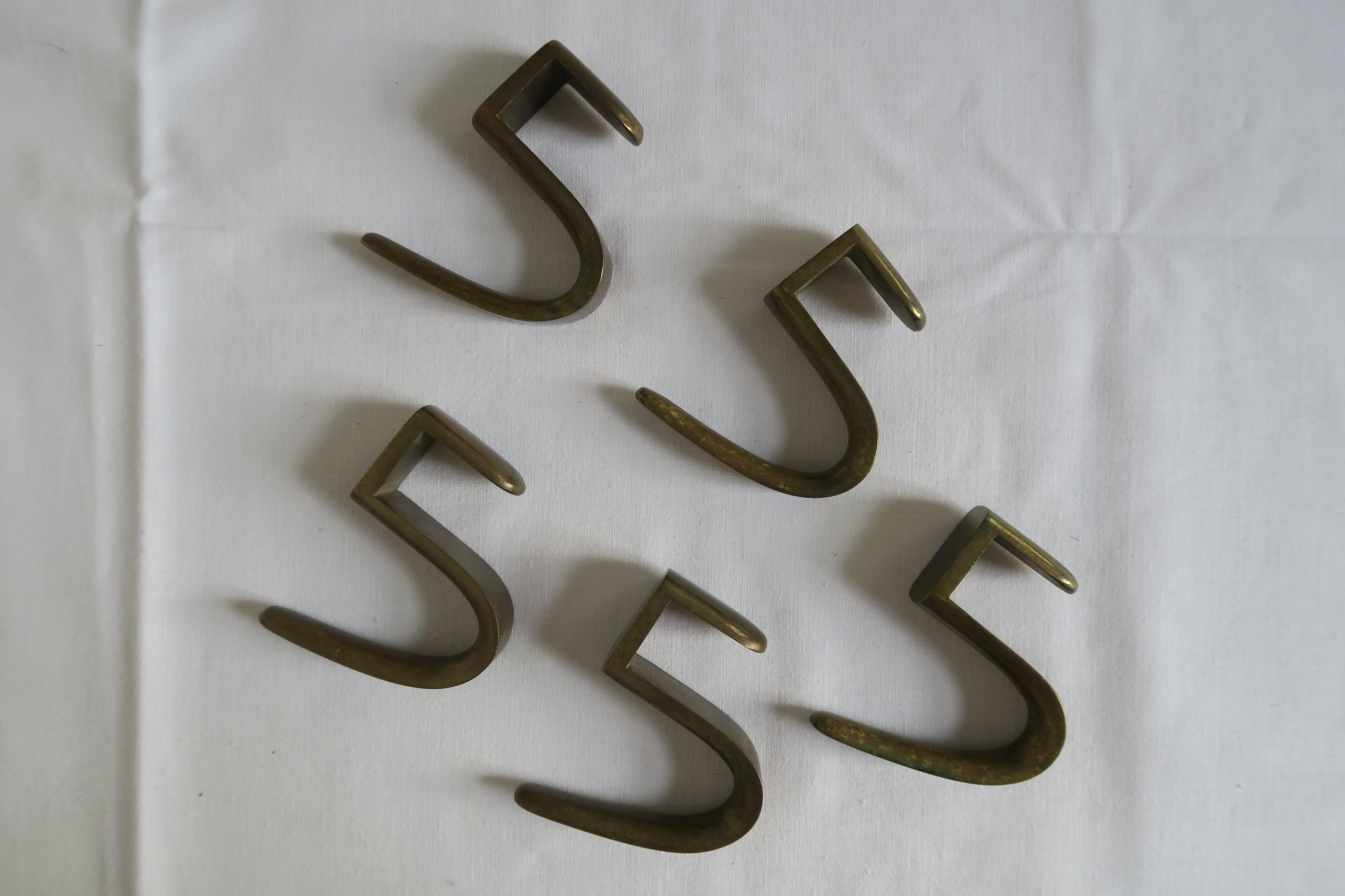 Austrian 5 Authentic Heavy Brass Coat Hooks Designed by Carl Auböck For Sale