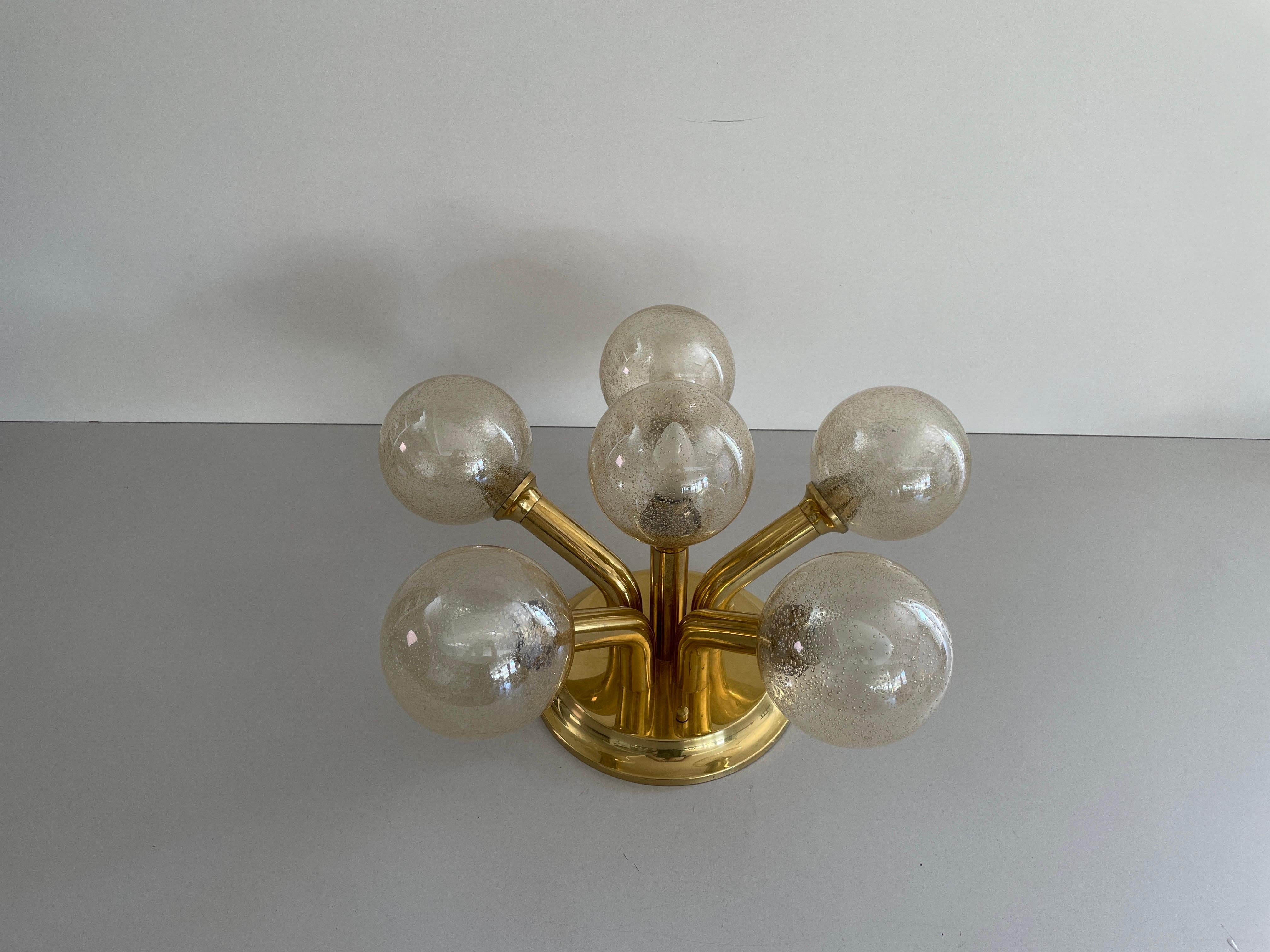 Lampada Atomic Flush Mount a 5 sfere con corpo in vetro e ottone, anni '60, Germania in vendita 12