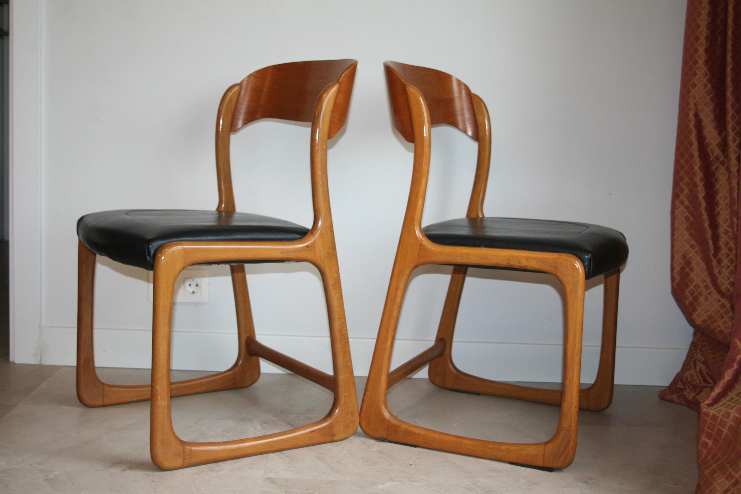 Beech 5 Baumann Traineau Sledge Chairs in Their Original Leather For Sale