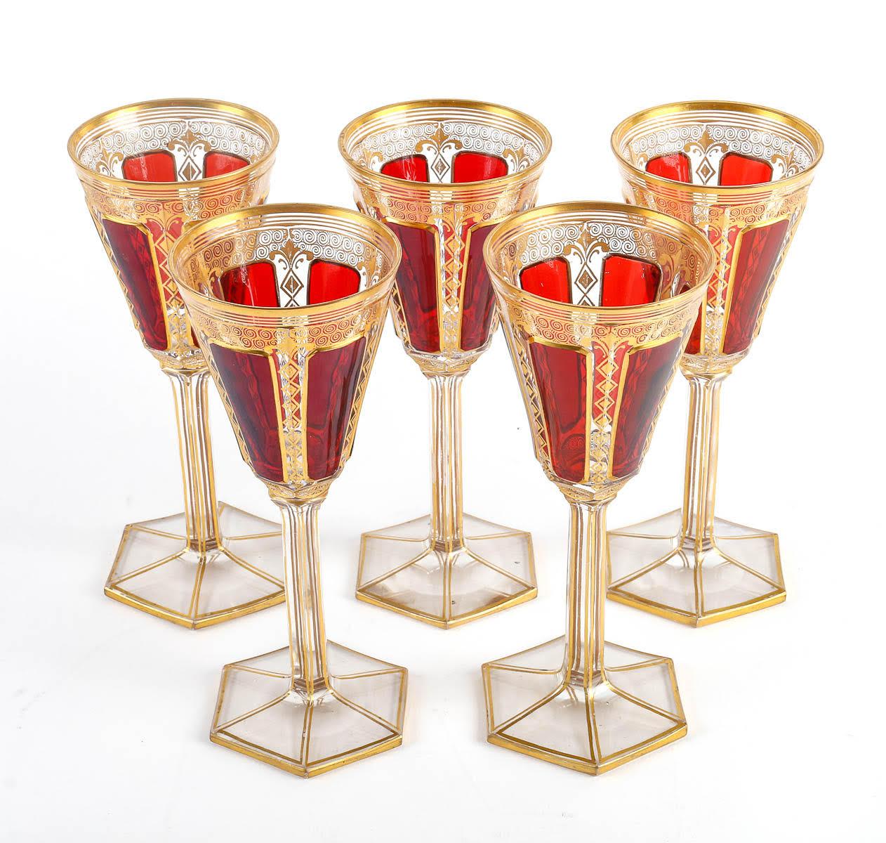 French 5 Bohemian Crystal Glasses, 19th Century. For Sale