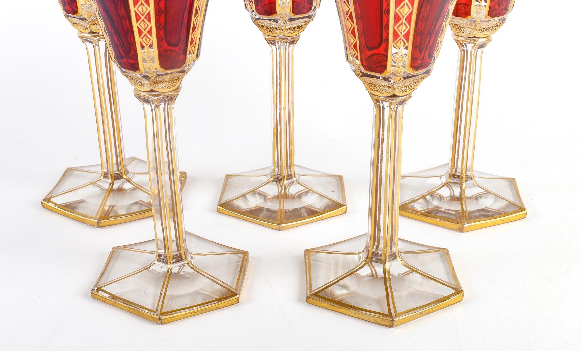 5 Bohemian Crystal Glasses, 19th Century. For Sale 3