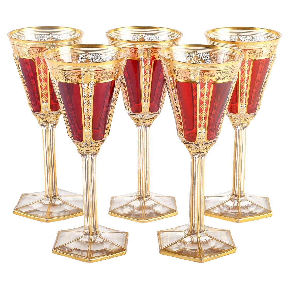 5 Bohemian Crystal Glasses, 19th Century. For Sale