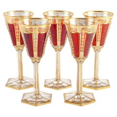 Antique 5 Bohemian Crystal Glasses, 19th Century.