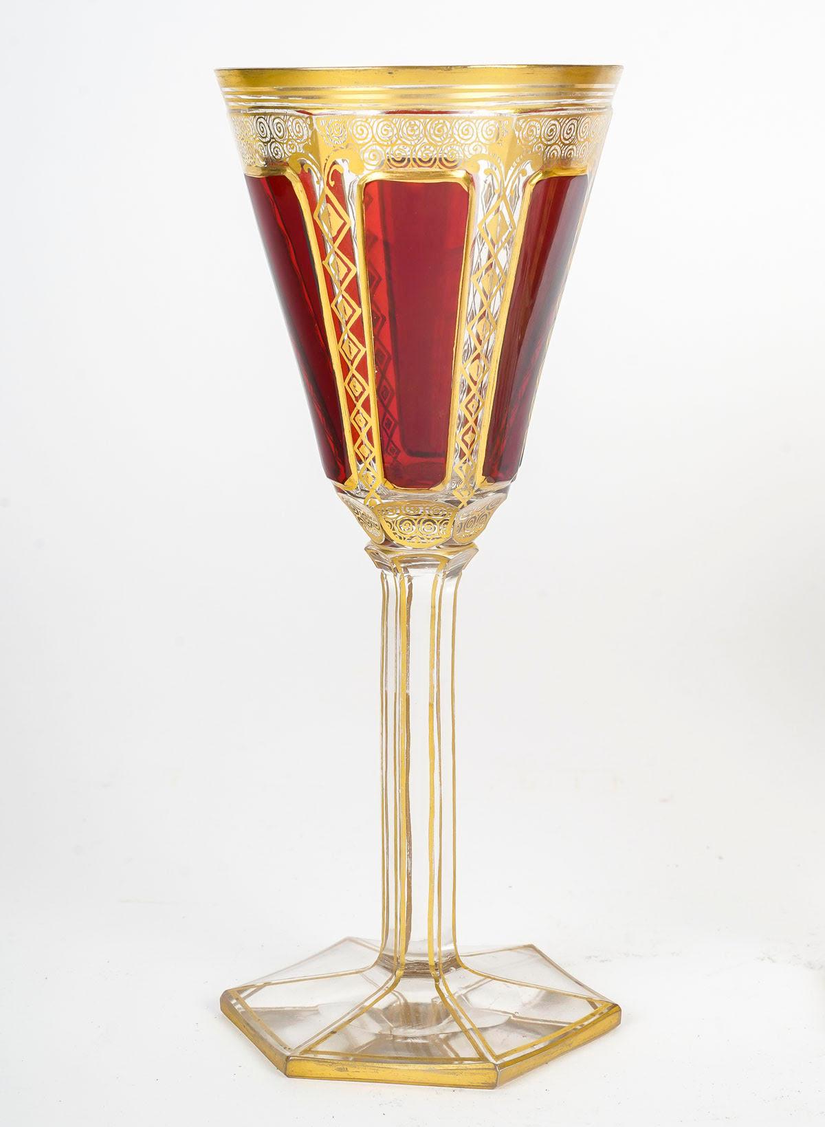 French 5 Bohemian Crystal Glasses, Red Cabochon, 19th Century, Napoleon III Period. For Sale