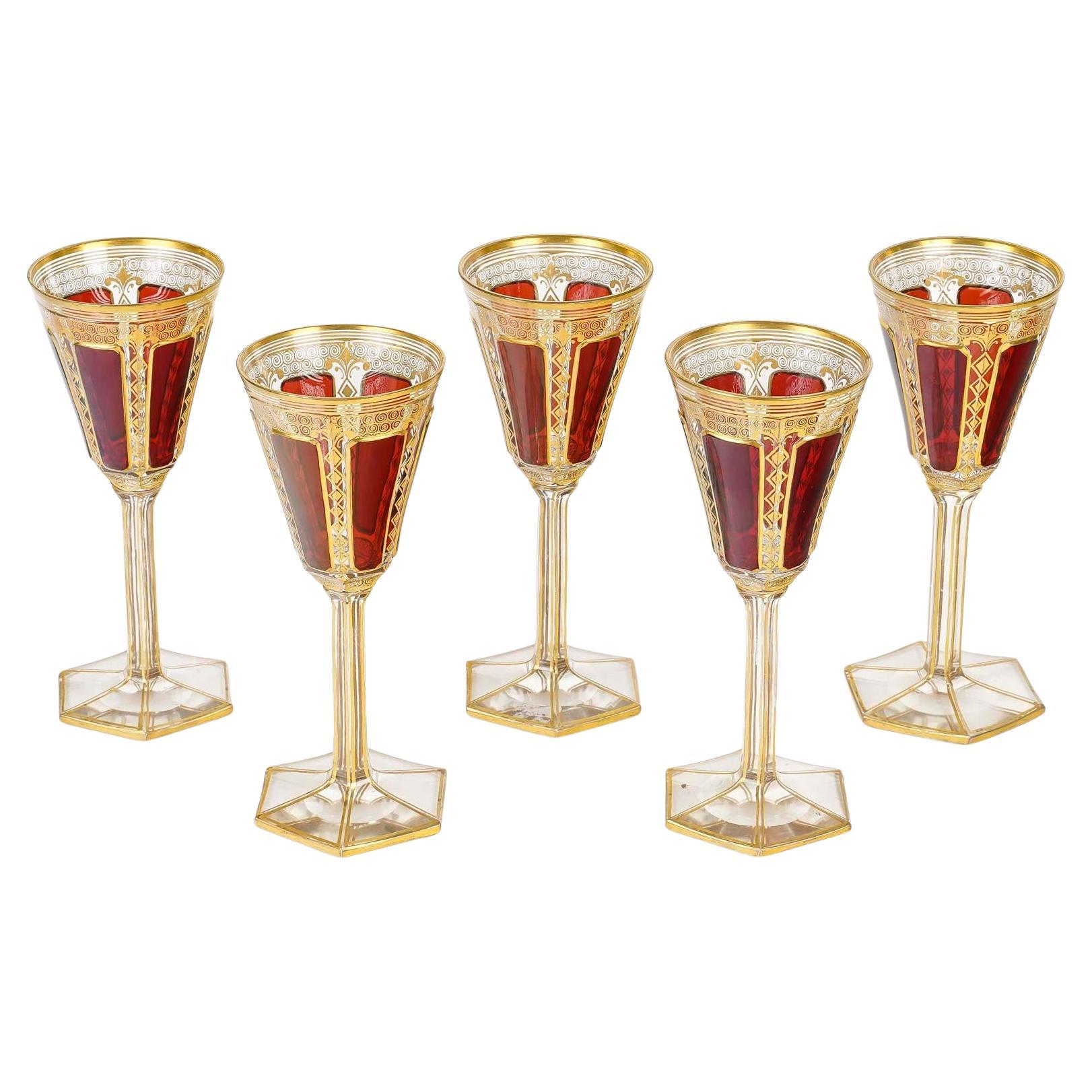 5 Bohemian Crystal Glasses, Red Cabochon, 19th Century, Napoleon III Period.