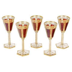 Used 5 Bohemian Crystal Glasses, Red Cabochon, 19th Century, Napoleon III Period.