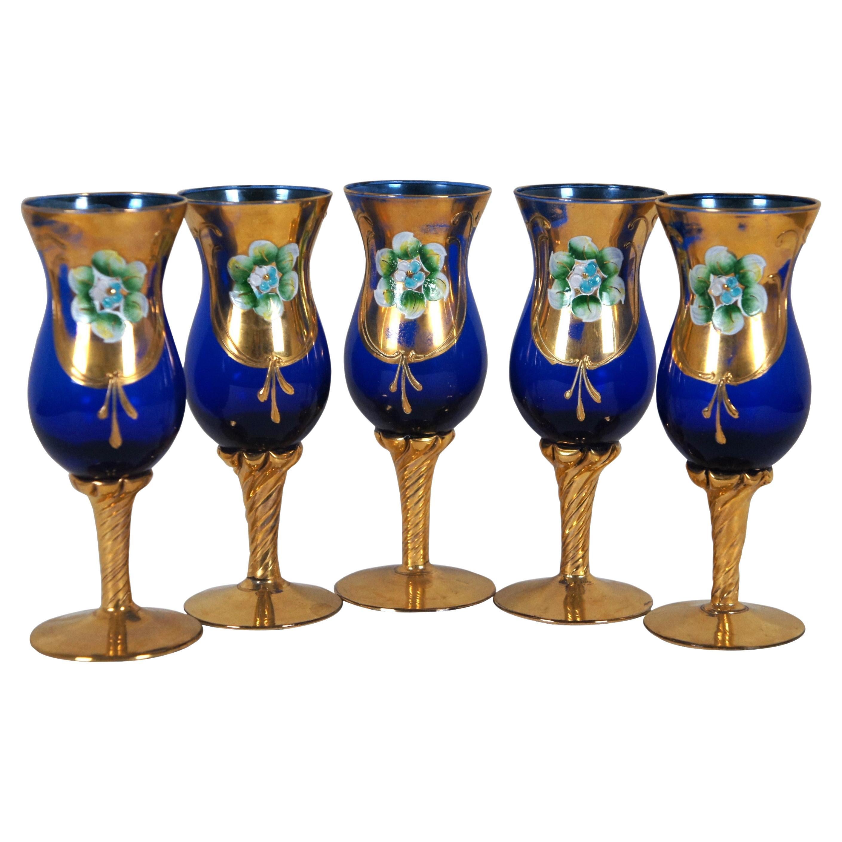 5 Vasos de chupito de aperitivo checos checos de Bohemia con esmalte azul cobalto y dorado 6