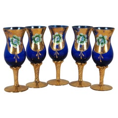 5 Vasos de chupito de aperitivo checos checos de Bohemia con esmalte azul cobalto y dorado 6