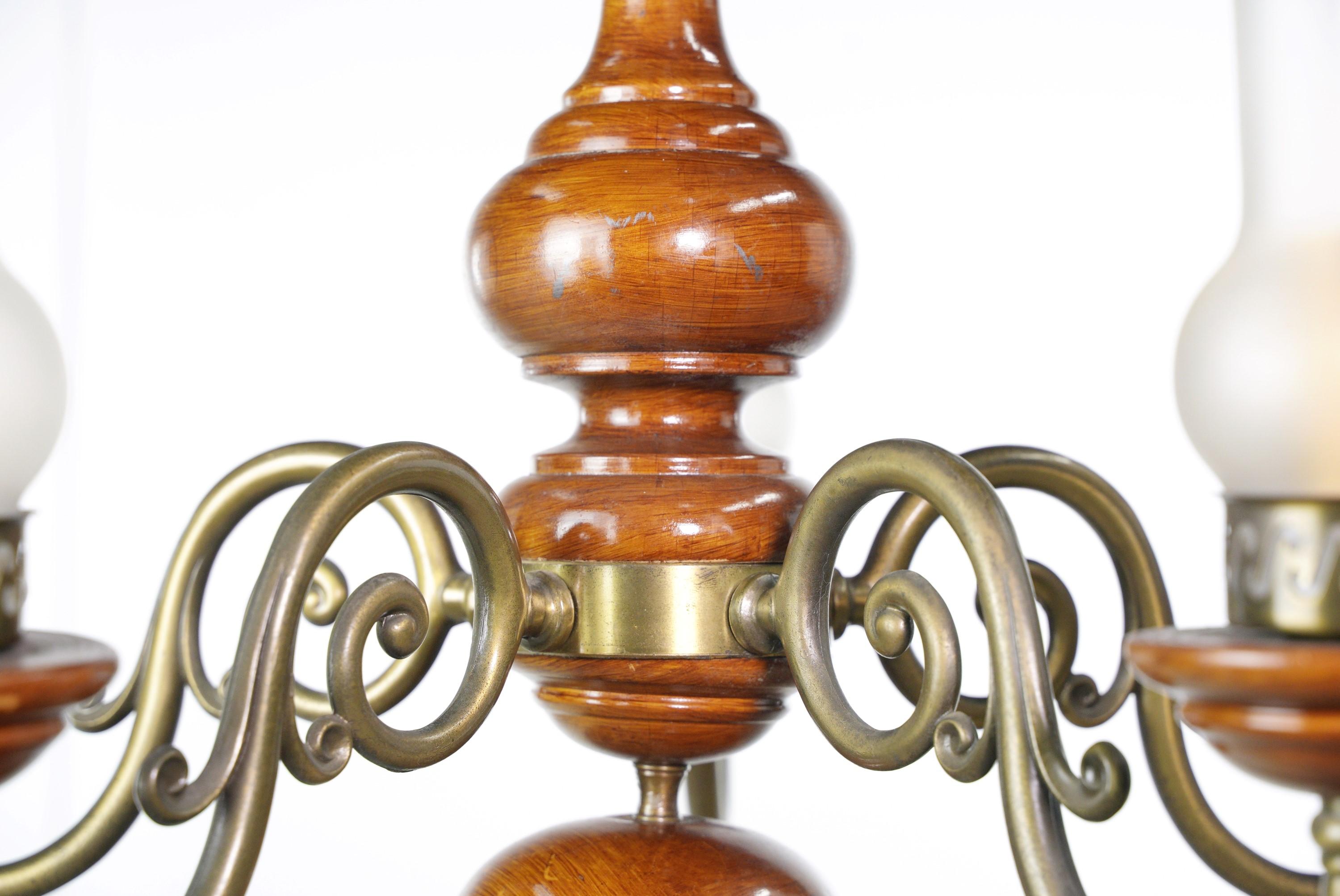5 Brass Plated Arms Medium Tone Wood Chandelier In Good Condition For Sale In New York, NY