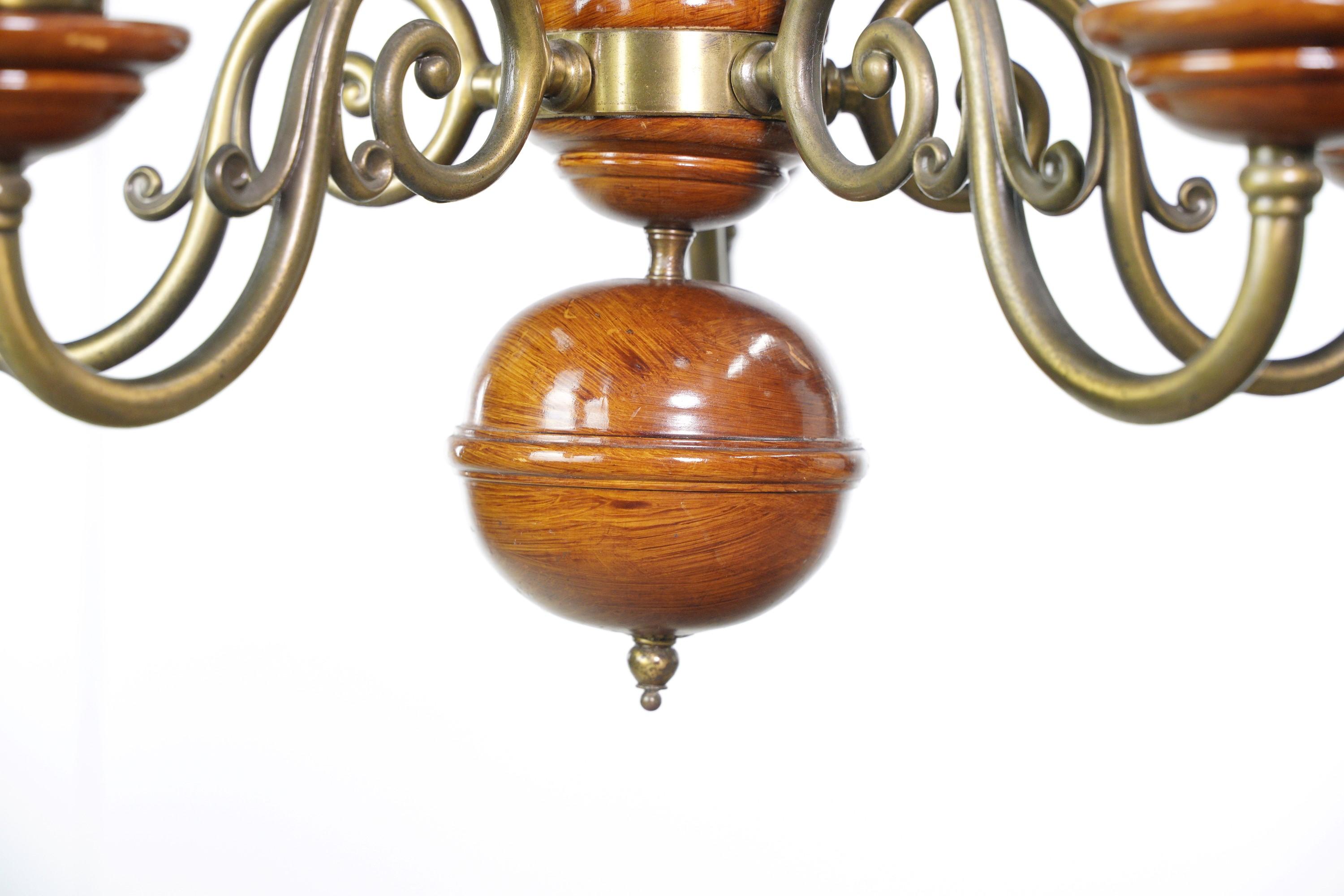 5 Brass Plated Arms Medium Tone Wood Chandelier For Sale 3