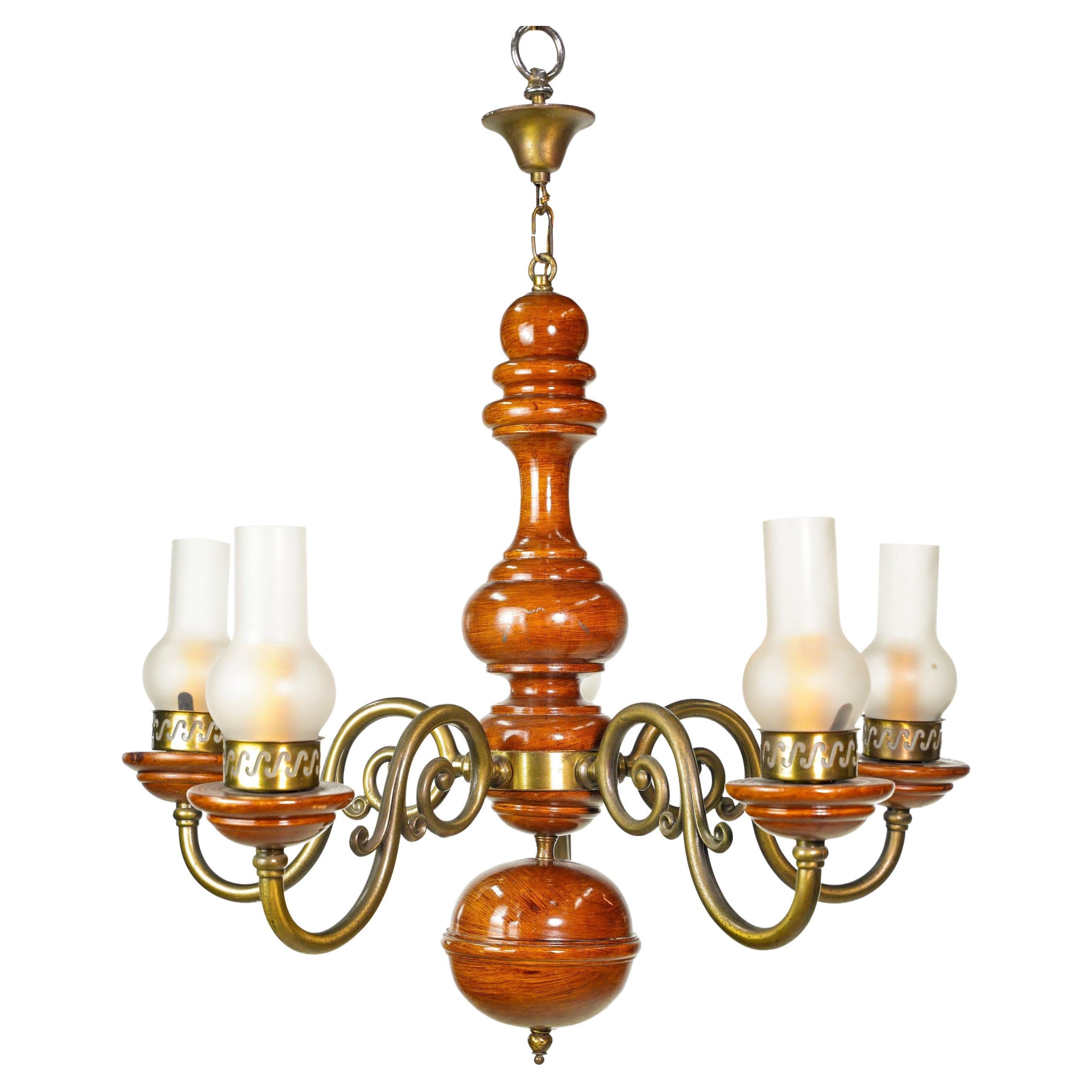 5 Brass Plated Arms Medium Tone Wood Chandelier For Sale