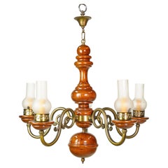 Vintage 5 Brass Plated Arms Medium Tone Wood Chandelier