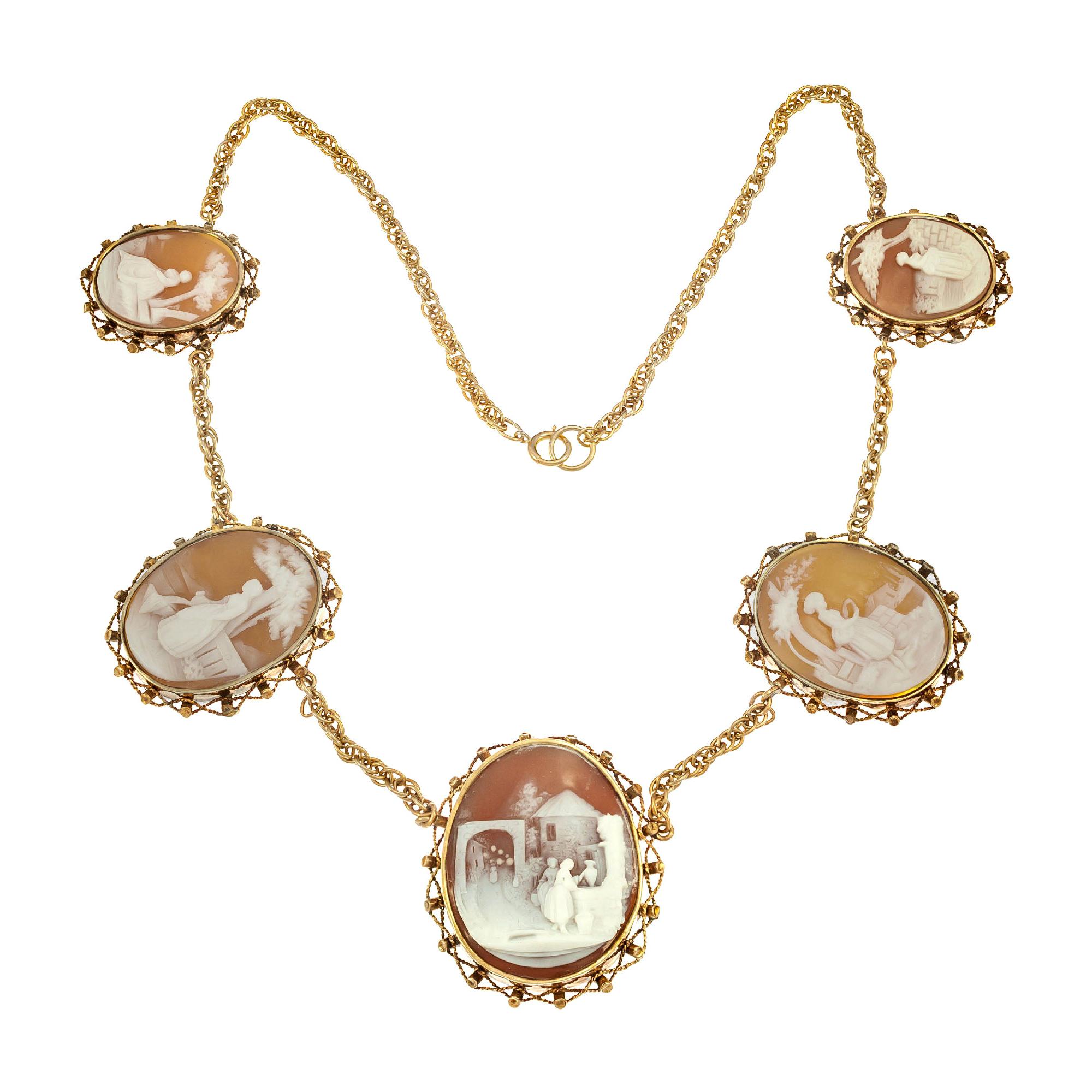 5 Cameo Gold 1940s Carved Shell Necklace Wire Rope Chain