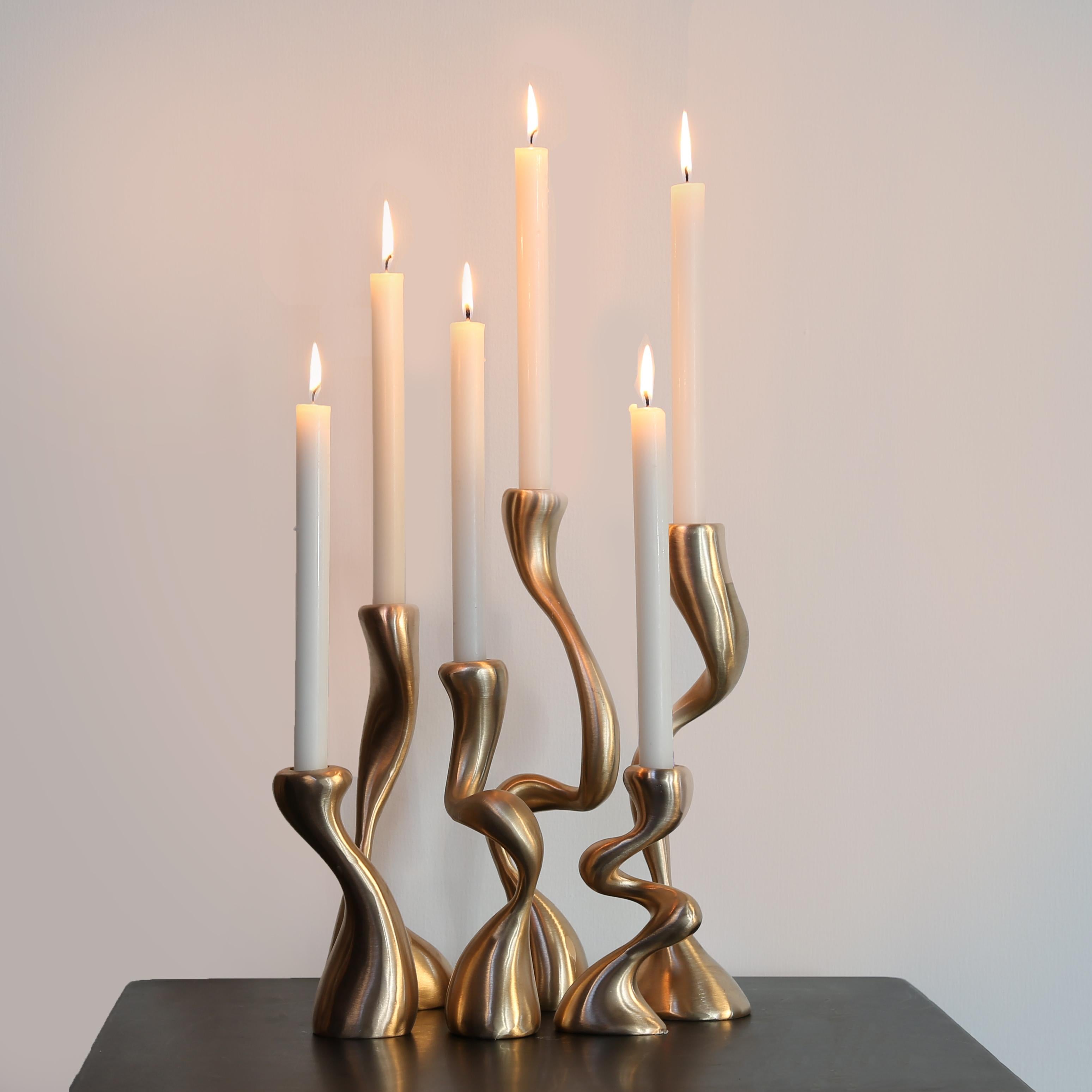 Patinated 5 Candlesticks/Candleholders Cast Bronze 