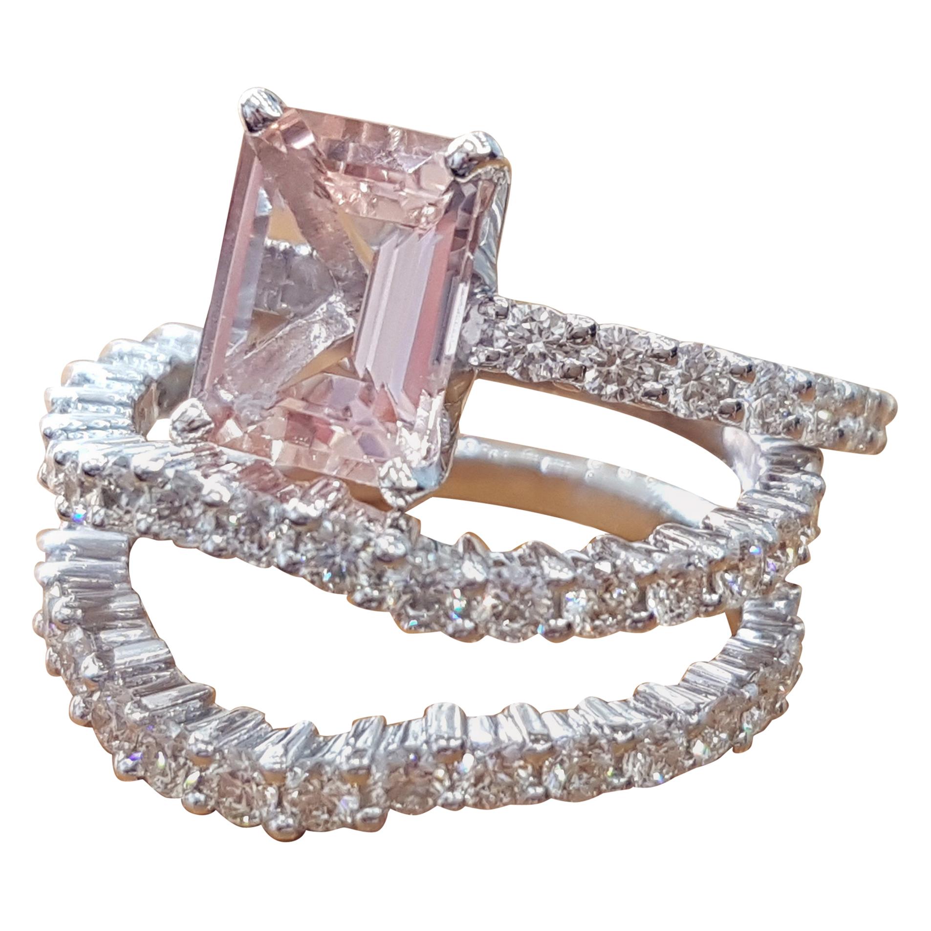 5 Carat 14 Karat White Gold Emerald Morganite Art Deco Style Engagement Ring