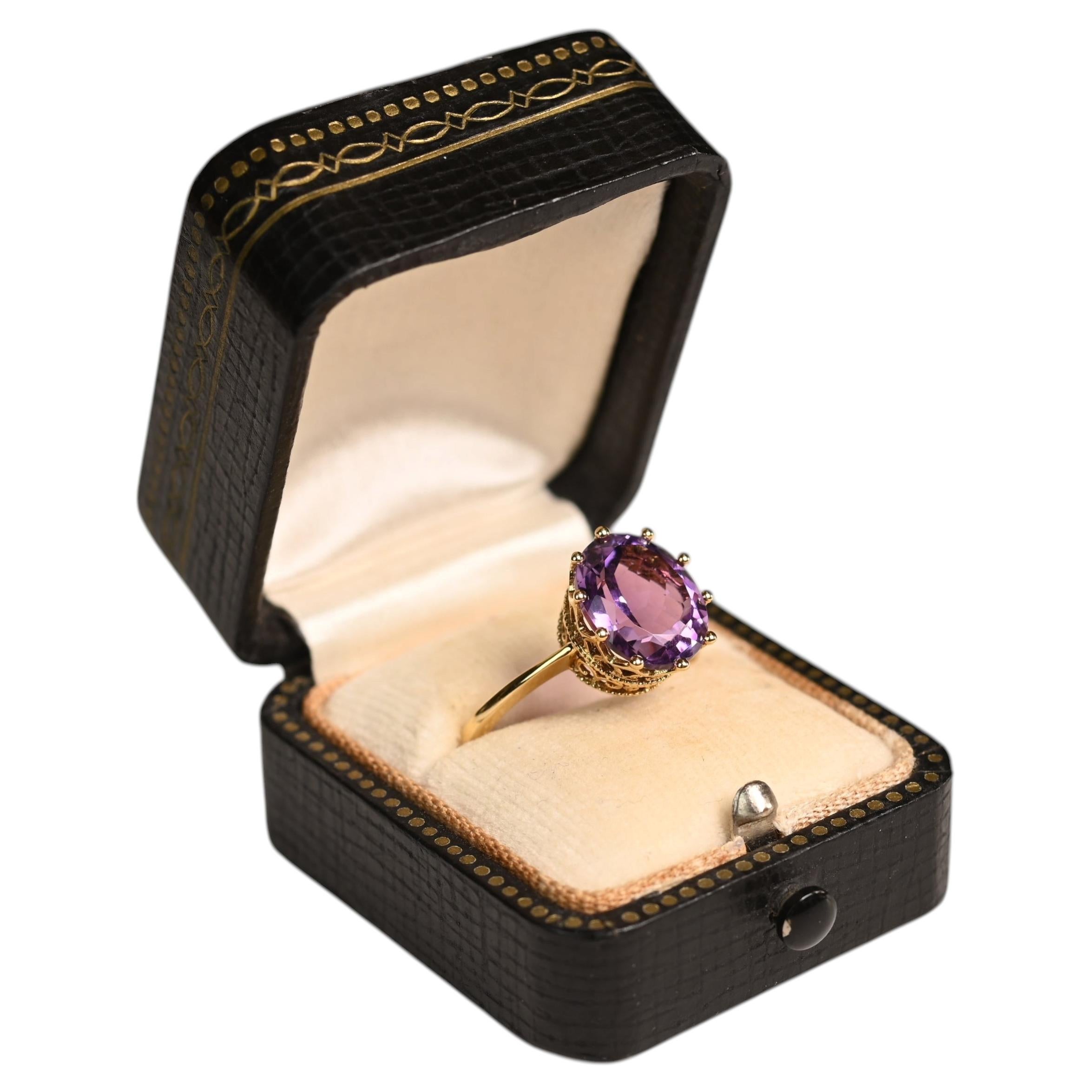 5 Carat Amethyst Ring. Oval Cut Natural 18K Yellow Gold Crown Style Ten Prong
