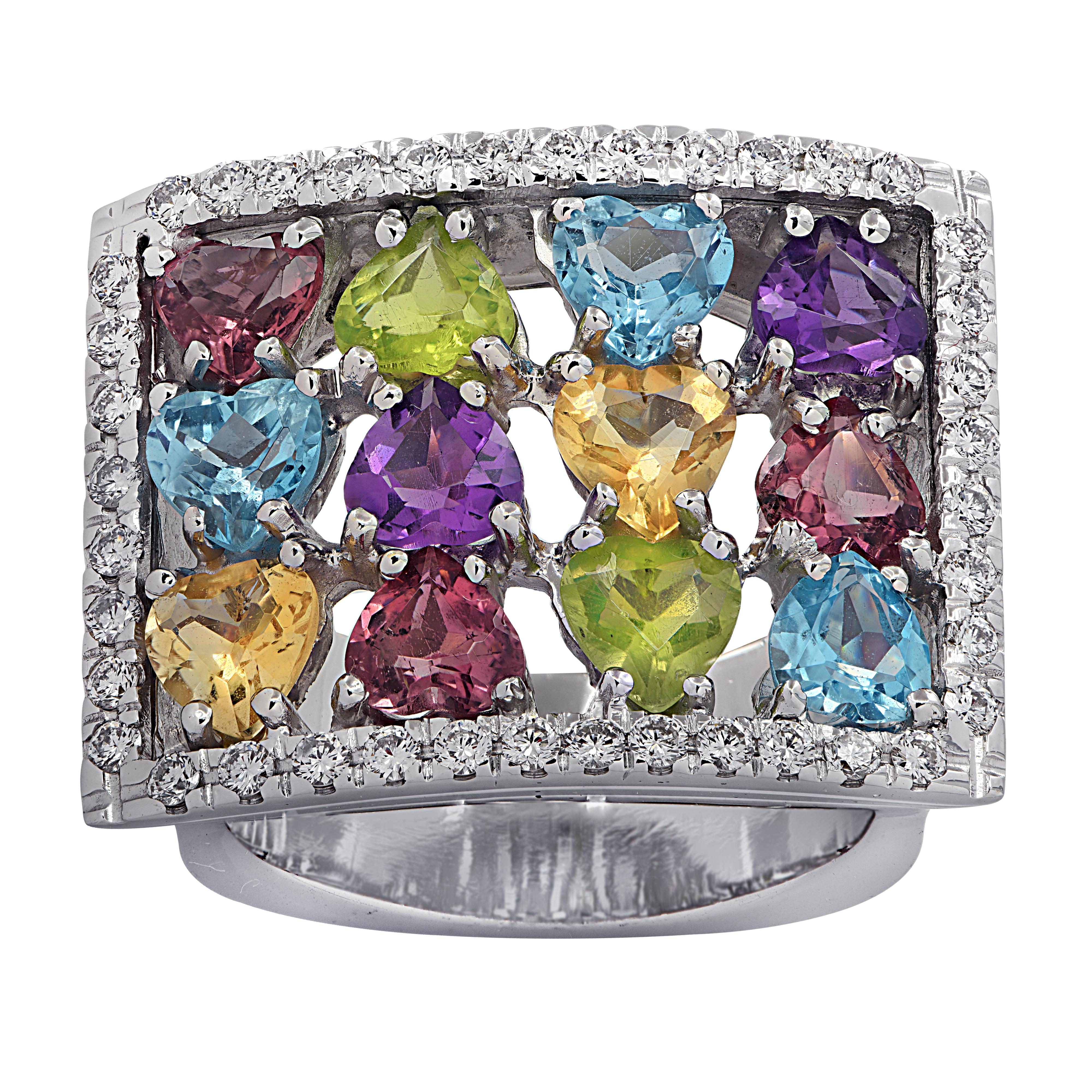 Delightful ring crafted in white gold featuring 12 heart shaped gemstones weighing approximately 5 carats total and 40 round brilliant cut diamonds weighing approximately 1 carat total, G color, VS clarity. This enchanting collection of Amethyst,