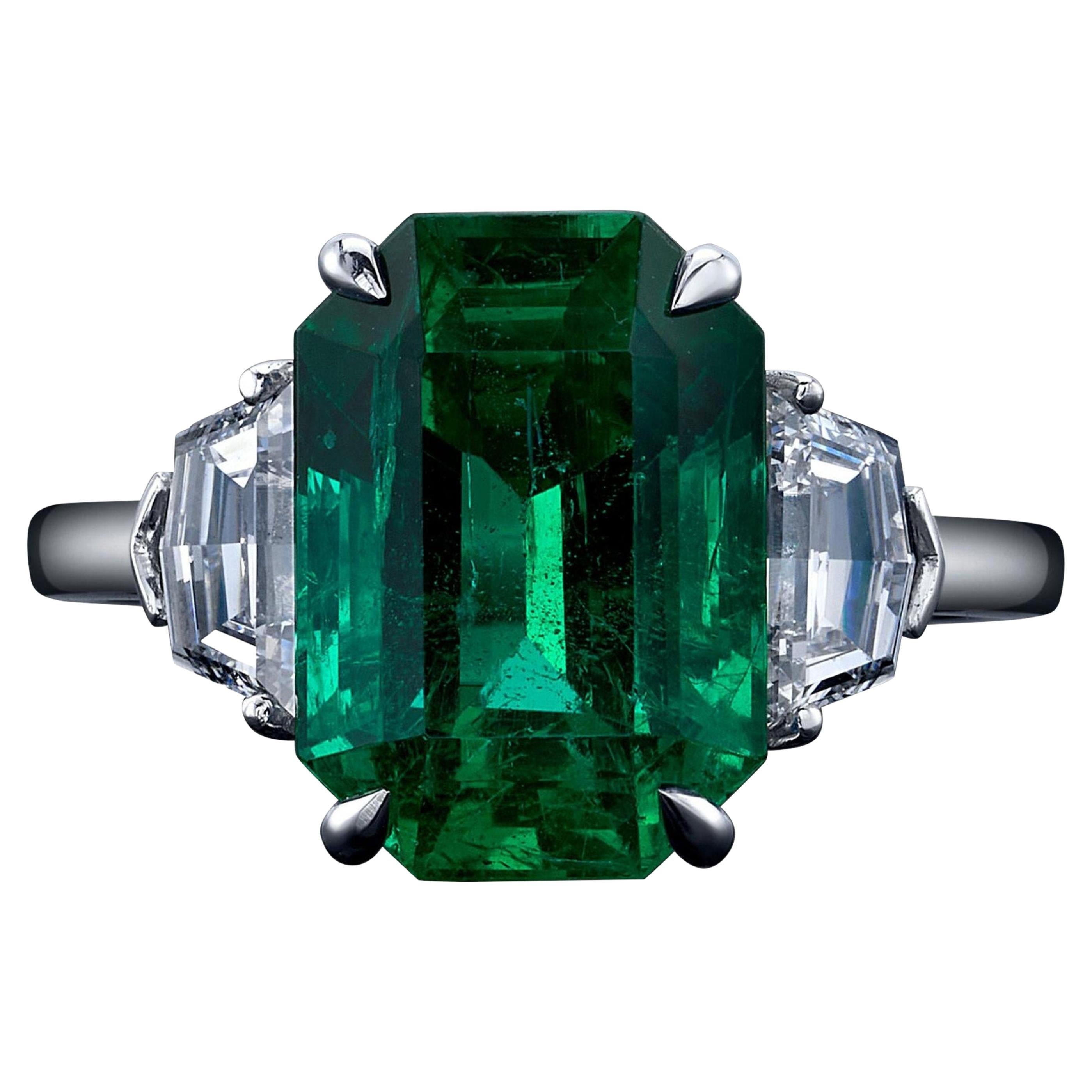 For Sale:  Art Deco 5 CT Certified Natural Emerald and Diamond Engagement Ring in 18K Gold