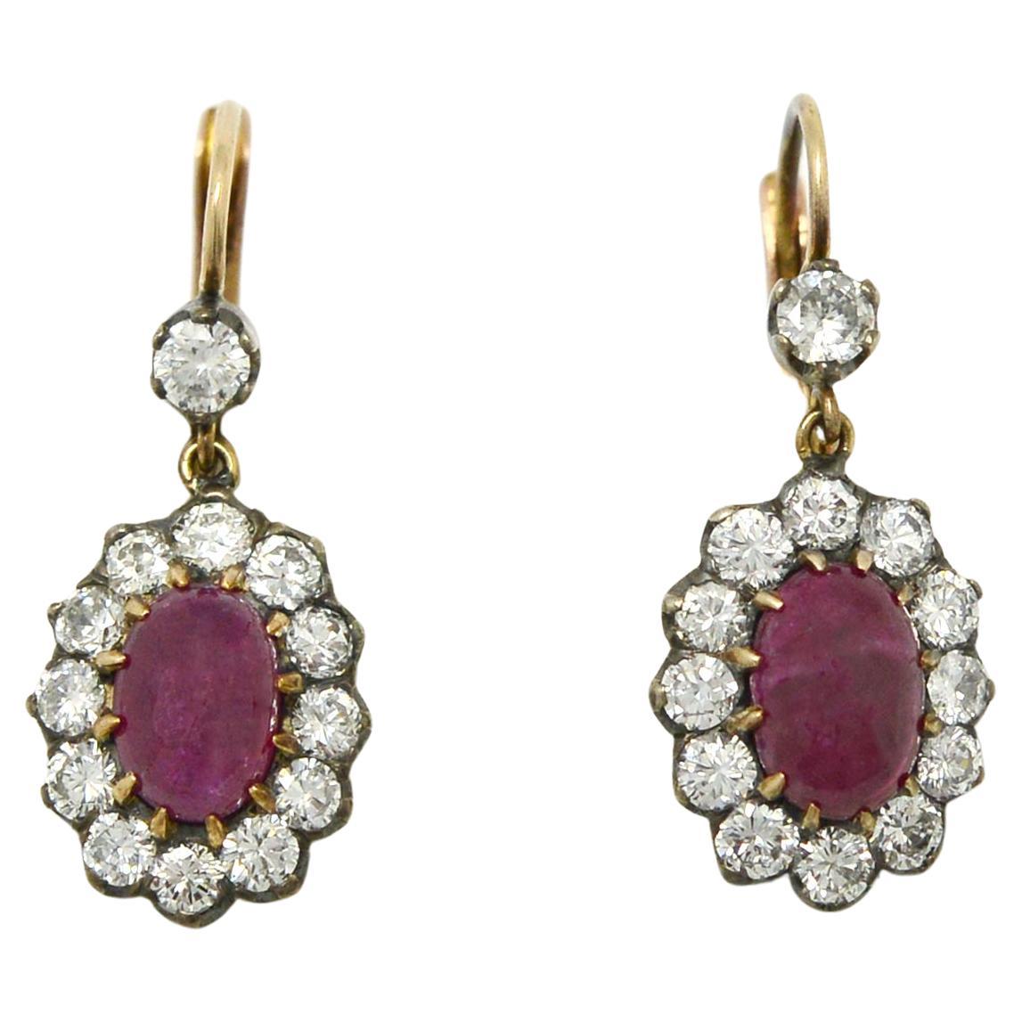 5 Carat Antique Ruby Diamond Cluster Earrings Vivid Red Oval Cabochon Dangles