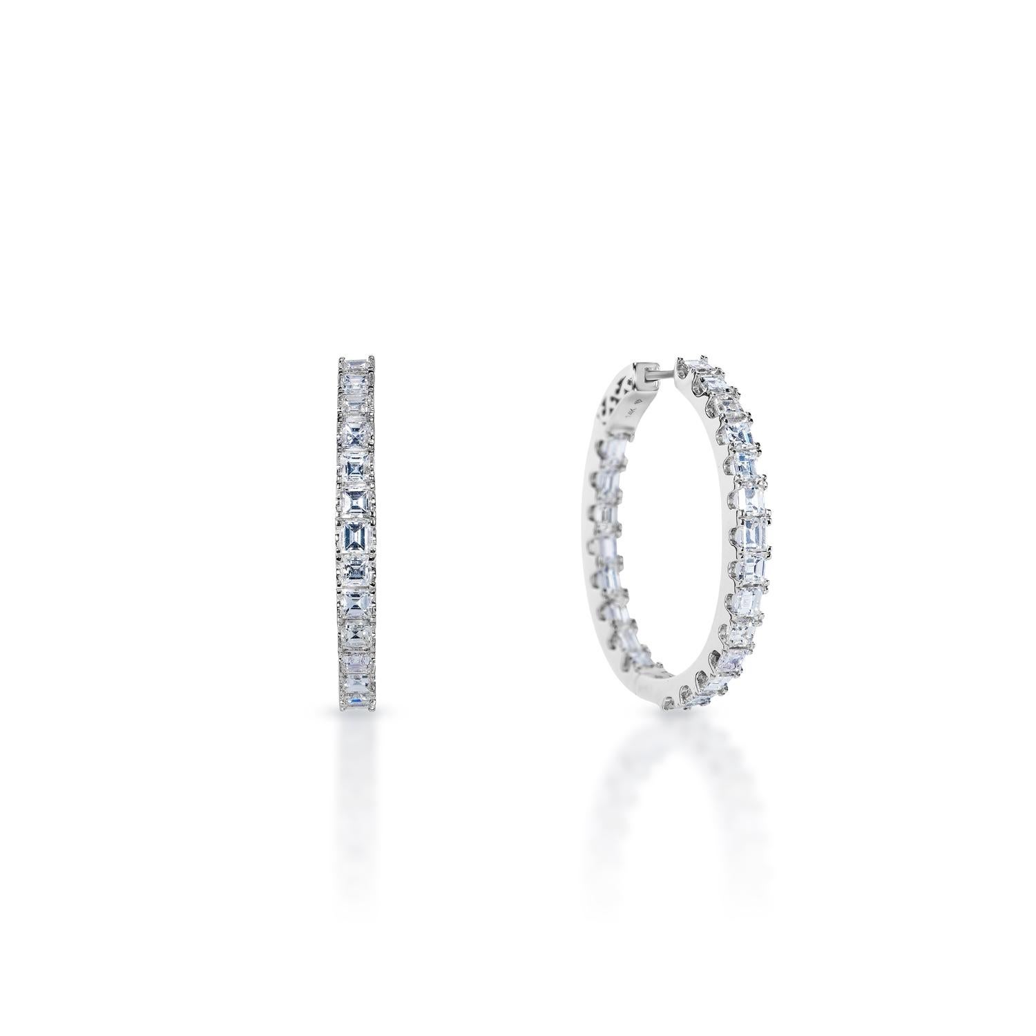 Diamond Hoop Earrings For Ladies:

Carat Weight: 5.14 Carats
Shape: Asscher Cut
Metal: 14KT White Gold 10.00 Grams
Style: Hoop Earrings