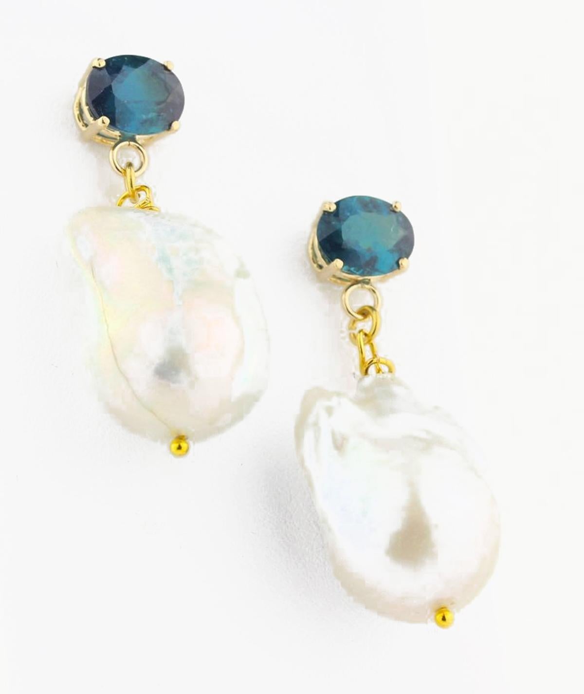 Oval Cut AJD WOW! 5Ct Glittery Blue-Green Tourmalines & Baroque Pearl 14 Kt Gold Earrings