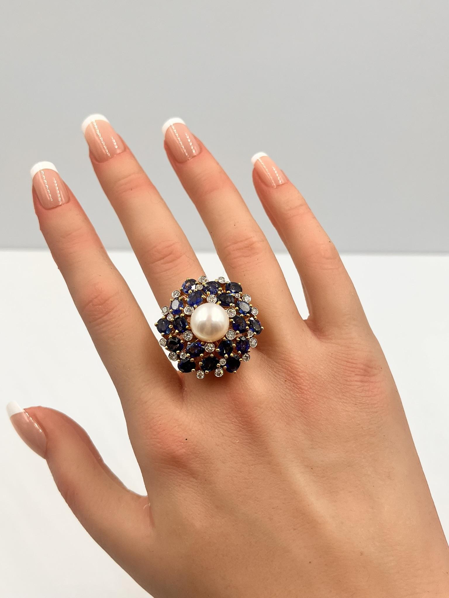 5 Carat Blue Sapphire Diamond Pearl 18K Gold Ring in vendita 2