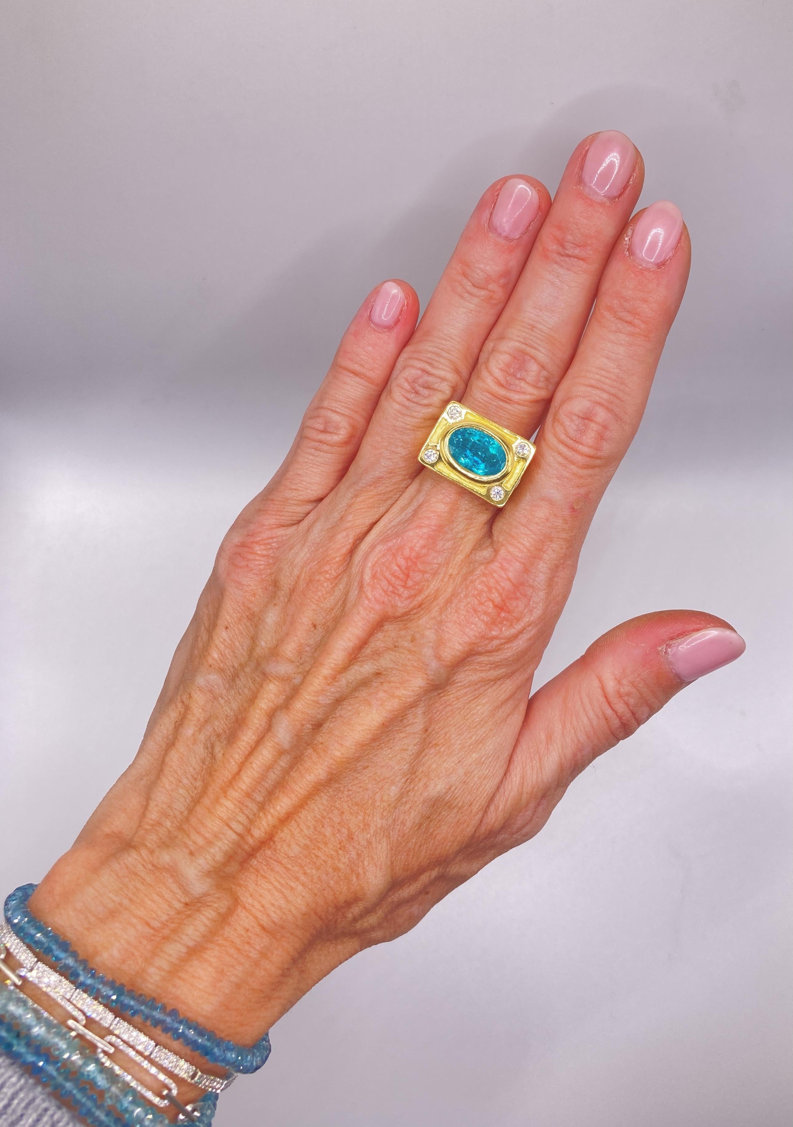 Signed by famous goldsmith Helene Courtaigne Delalande who designed this setting for me, this 5 Carat  Paraiba Tourmaline is neon blue with a whole universe of inclusions. Helen and I were both exhibitors at the Carrousel du Louvre Jewelry show in