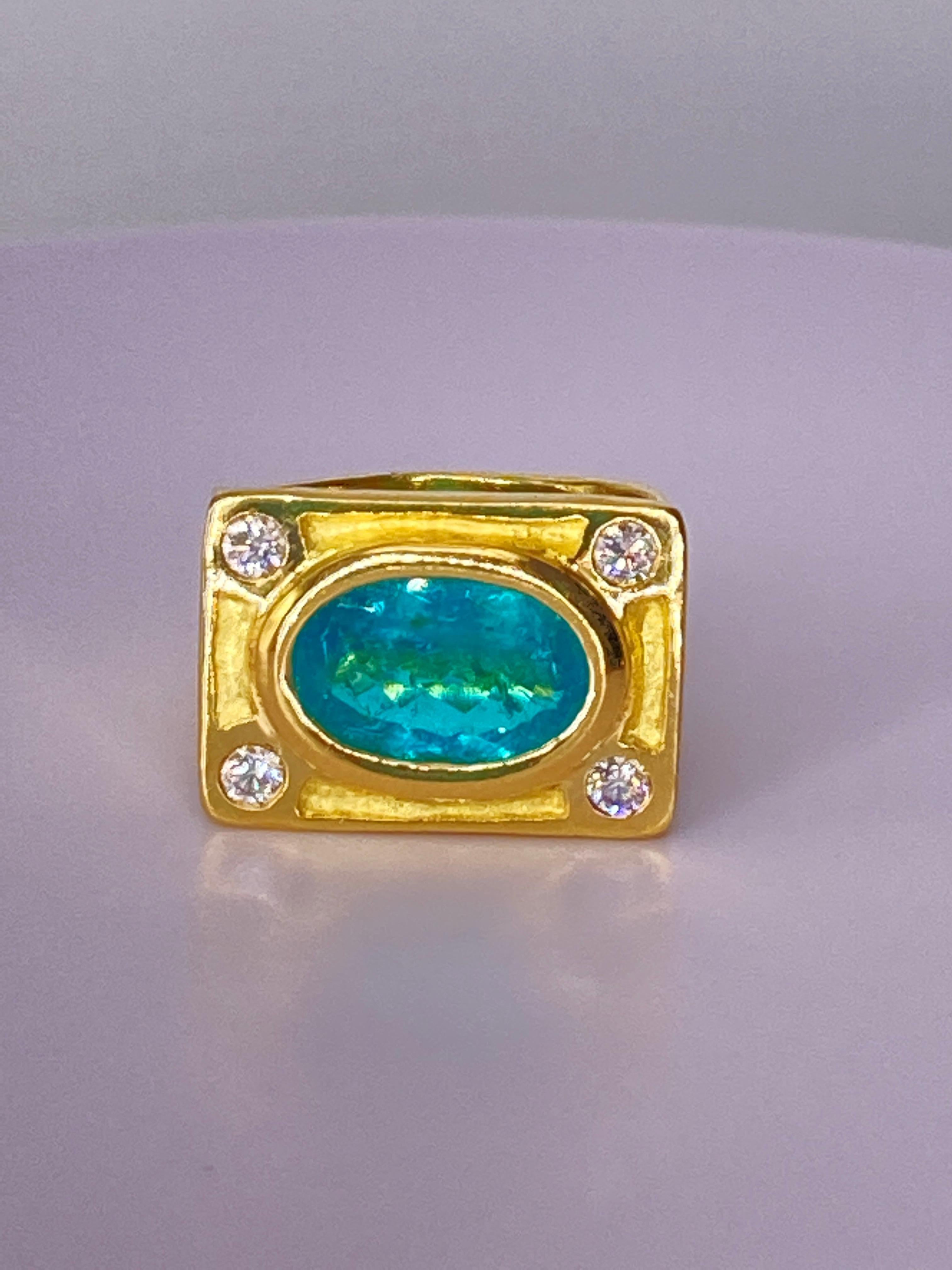 5 Carat  Paraiba Tourmaline and Diamond Ting 18 Karat Yellow Gold In New Condition For Sale In Los Angeles, CA