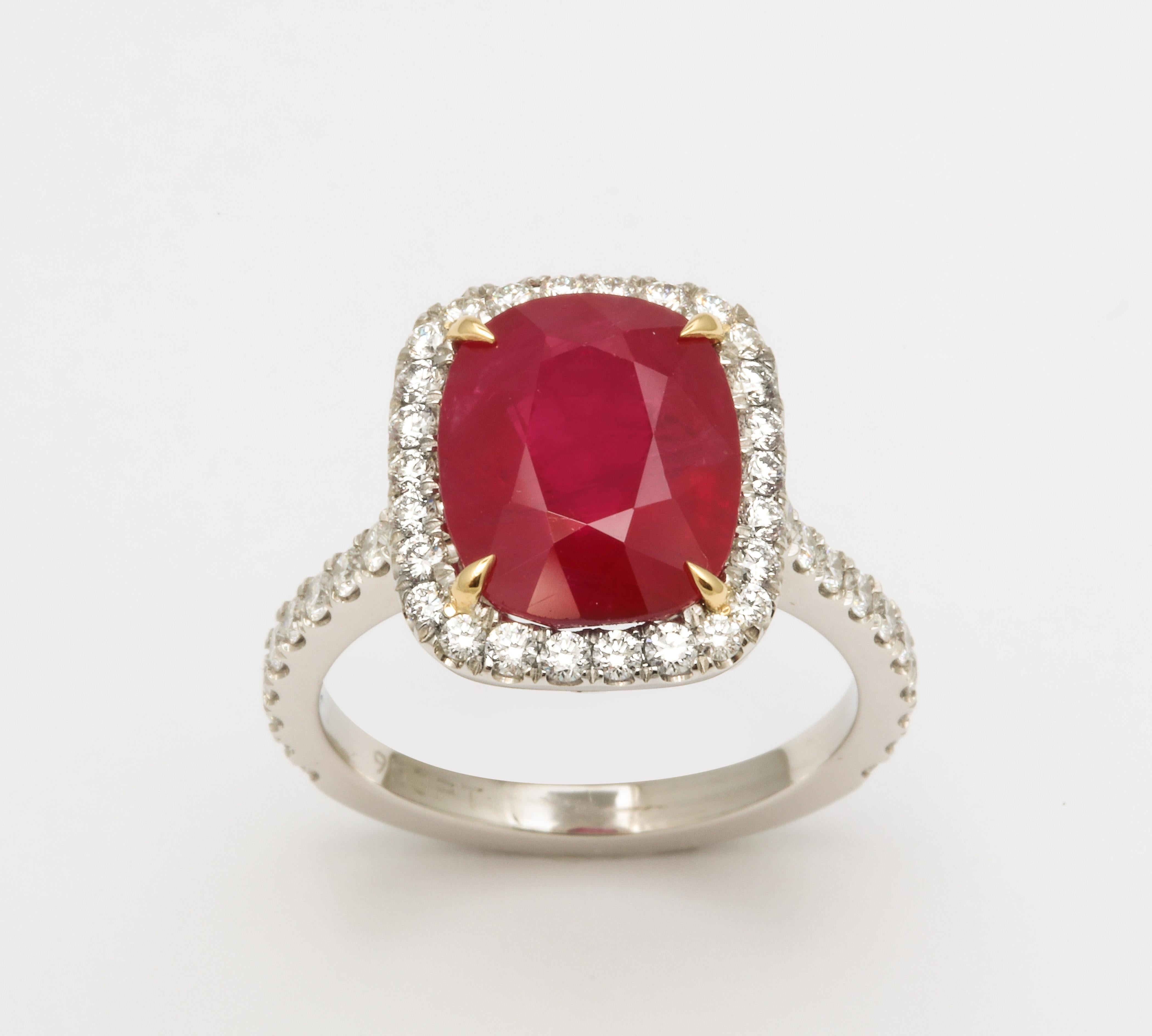 Cushion Cut 5 Carat Burma Ruby and Diamond Ring For Sale