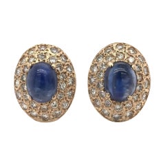 5 Carat Cabochon Cut Blue Sapphire & Diamond Earrings
