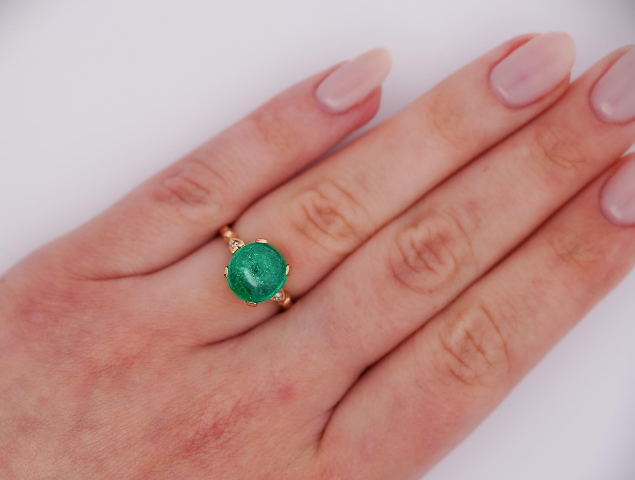 Art Deco 5 Carat Cabochon-Cut Colombian Emerald & Diamond Ring 14K Emerald Ring