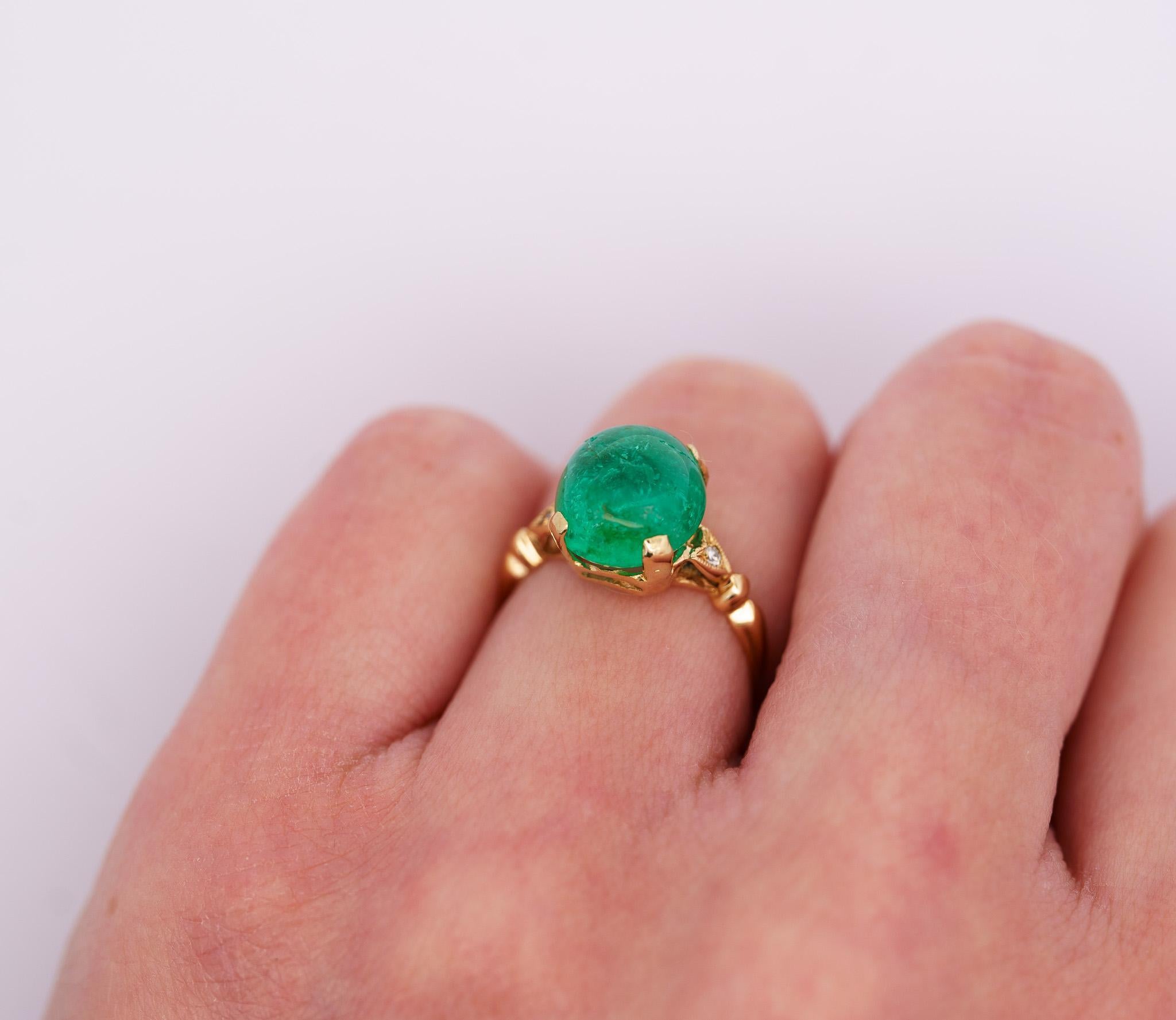 Women's 5 Carat Cabochon-Cut Colombian Emerald & Diamond Ring 14K Emerald Ring