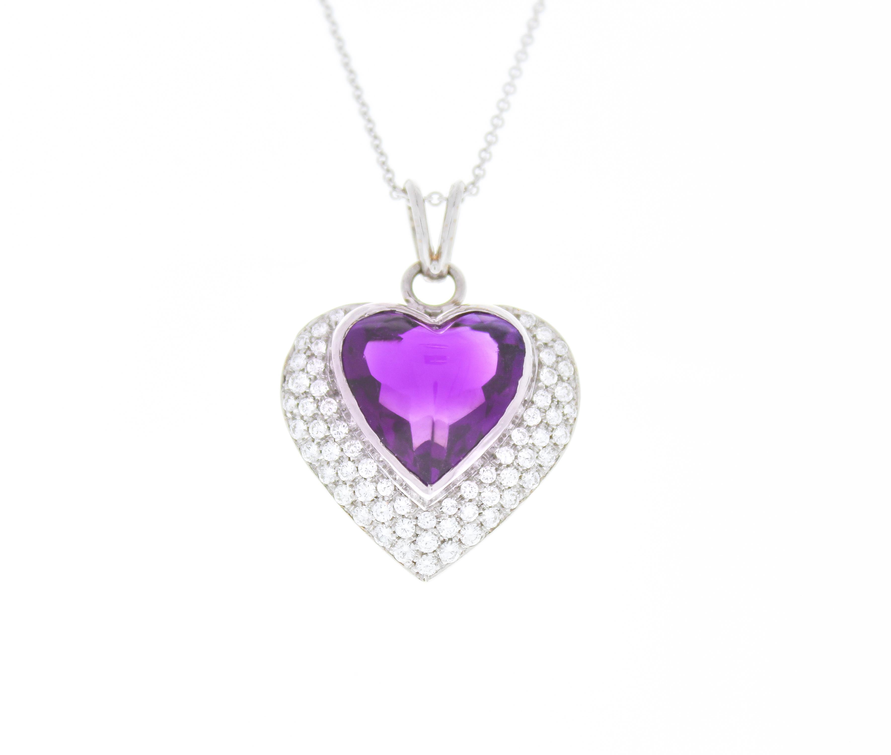 Contemporary 5 Carat Cabochon Heart Shaped Amethyst & Diamond Pendant In 14k White Gold