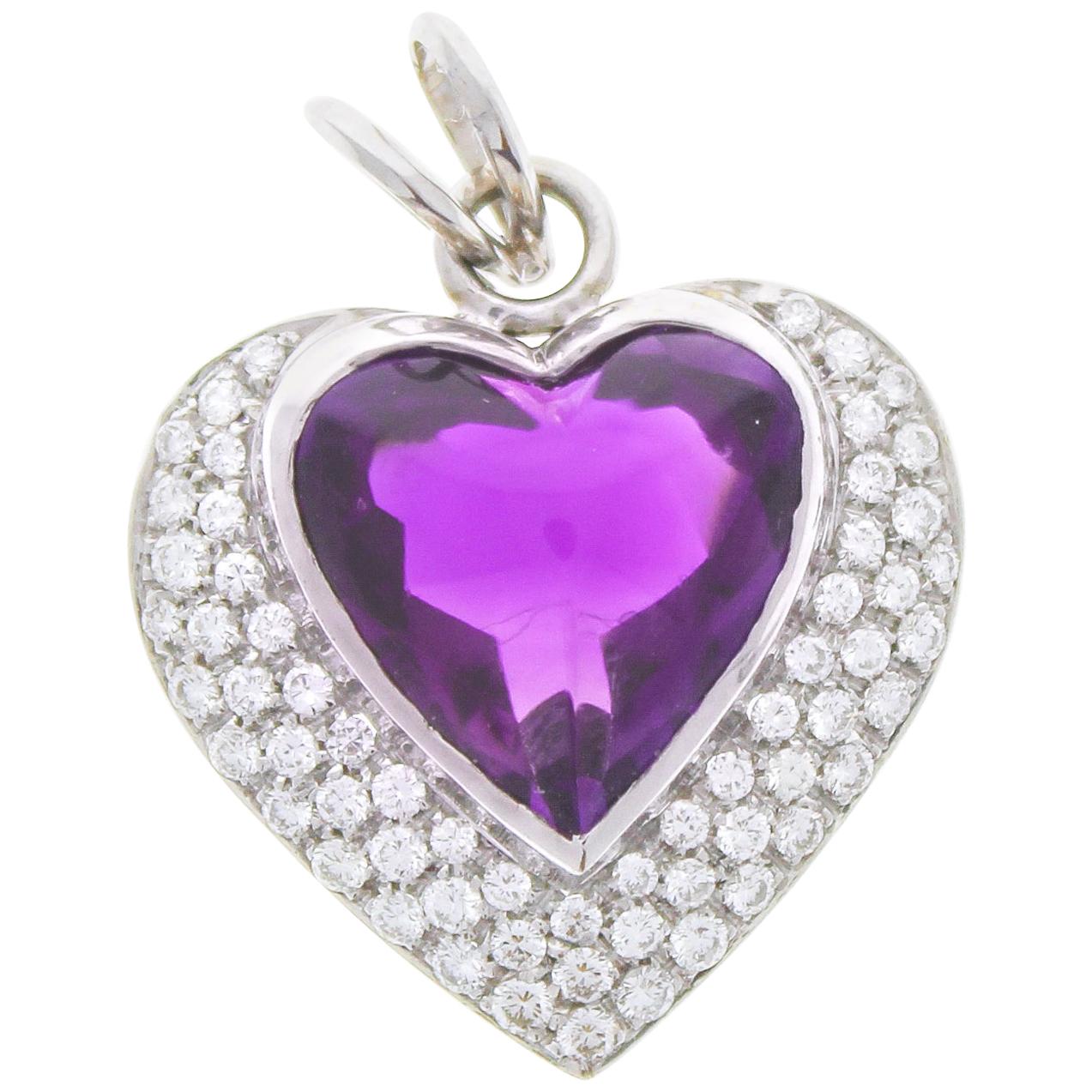 5 Carat Cabochon Heart Shaped Amethyst & Diamond Pendant In 14k White Gold