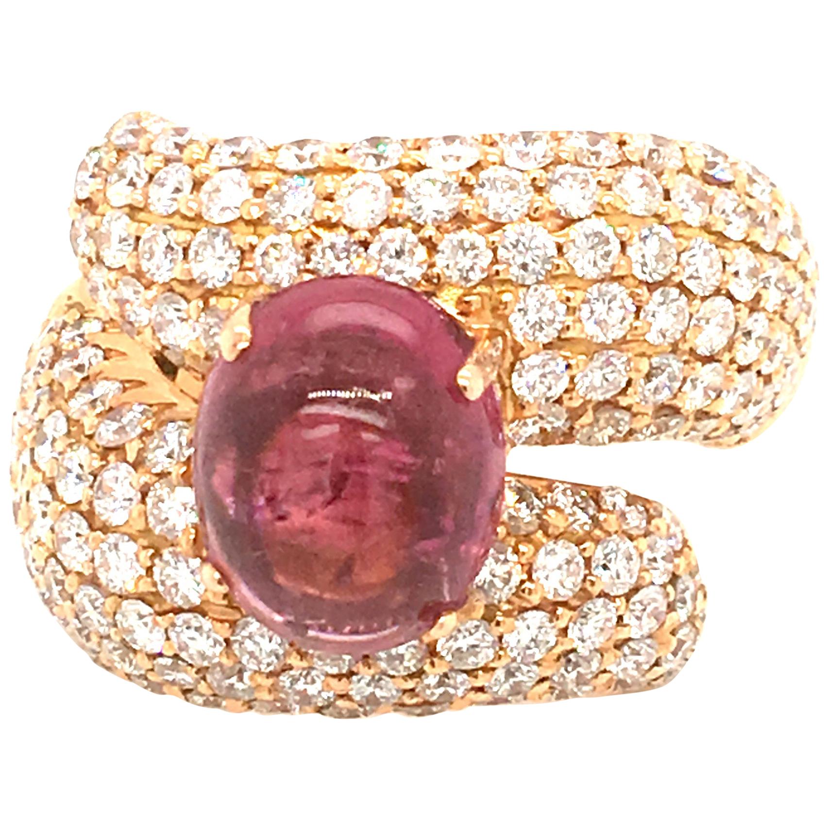 5 Carat Cabochon Pink Tourmaline and 3.17 Carat Diamonds Pave Fashion Rose Ring For Sale