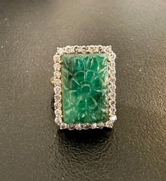 5 Carat Carved Emerald 32 Diamond Ring 18 Karat Gold Flower Motif Cocktail Ring