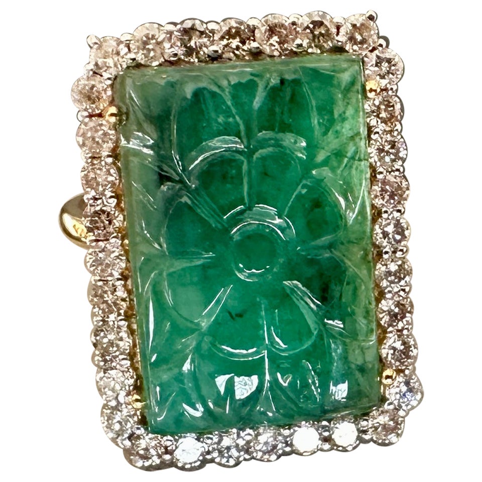 Esmeralda tallada de 5 quilates 32 Anillo de diamantes Anillo de cóctel con motivo floral de oro de 18 quilates