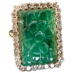 5 Carat Carved Emerald 32 Diamond Ring 18 Karat Gold Flower Motif Cocktail Ring
