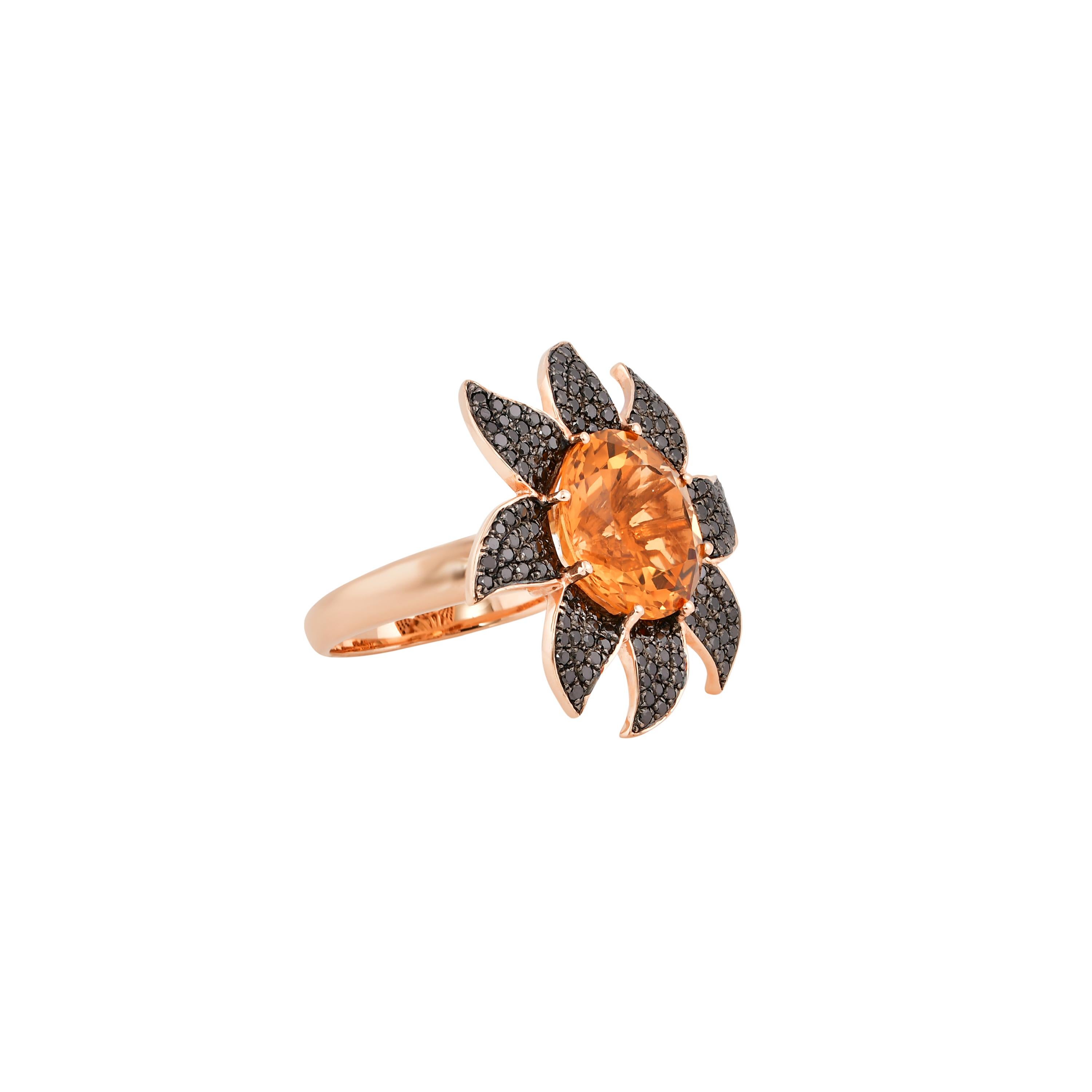 Contemporary 5 Carat Citrine and Black Diamond Ring in 14 Karat Rose Gold For Sale