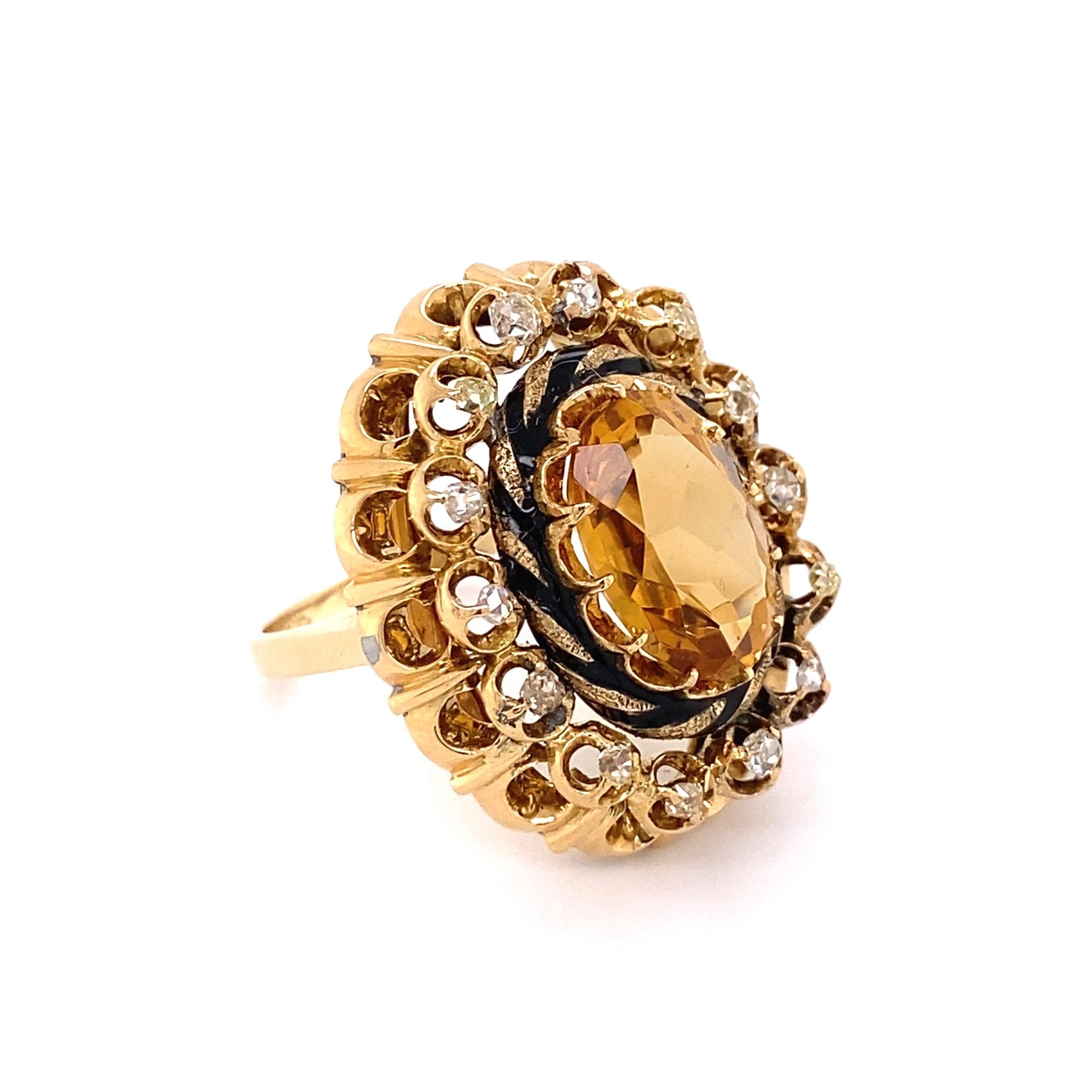 
Beautiful! Antique Victorian Citrine Cocktail Ring, centering a securely set oval Citrine, weighing approx. 5 Carat, surrounded by Diamonds, approx. 0.62tcw and accented by black enamel. Beautifully Hand crafted in 18K Yellow Gold mounting.