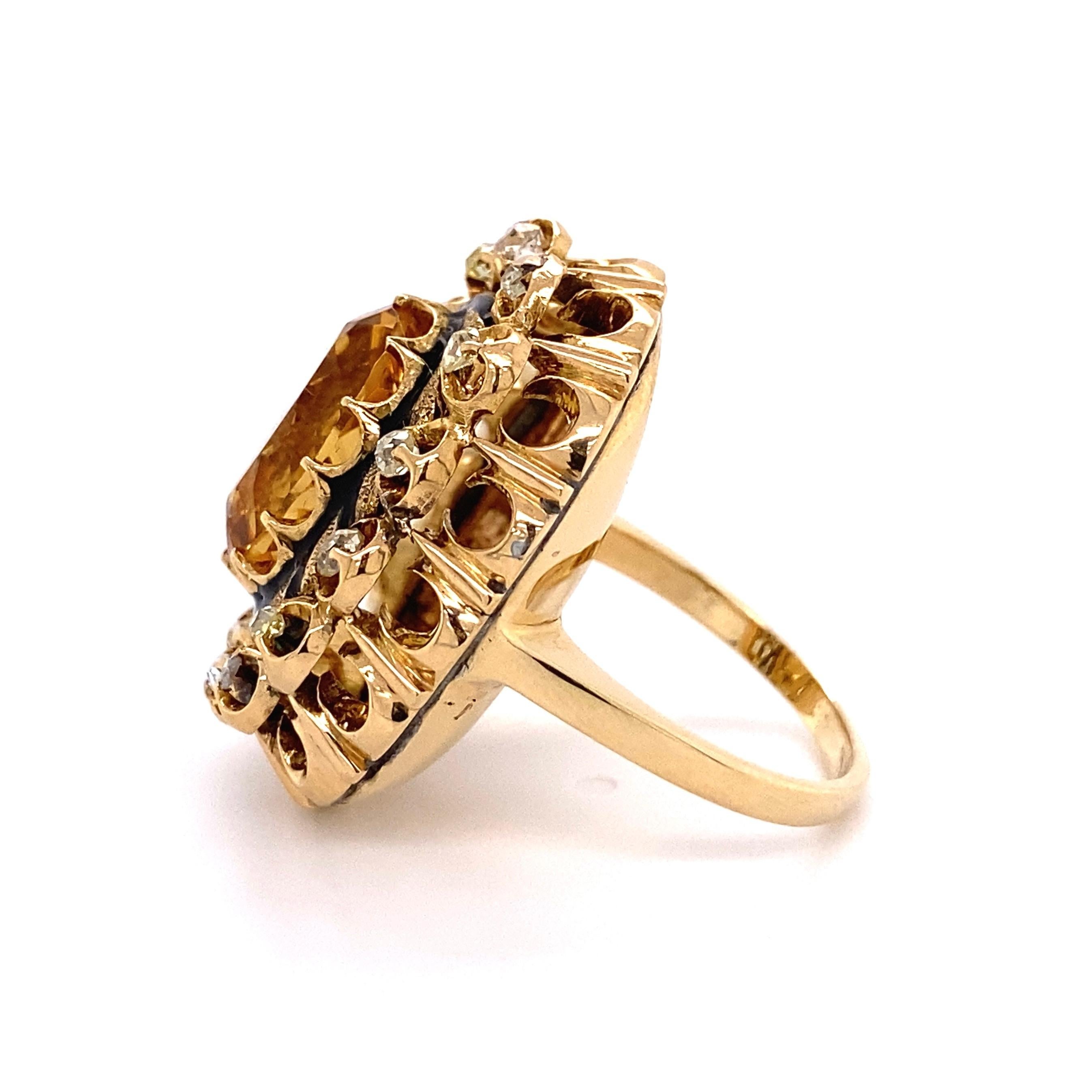 Mixed Cut 5 Carat Citrine and Diamond Victorian Gold Cocktail Ring Estate Fine Jewelry For Sale
