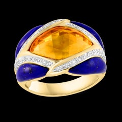 5 Carat Citrine, Lapis & Diamond Ring in 18 Karat Yellow Gold, Estate