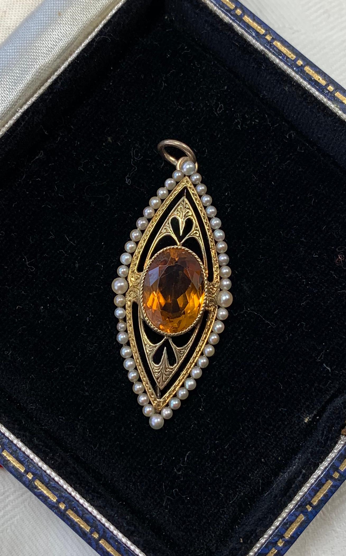 5 Carat Citrine Pearl Heart Pendant Lavalier Necklace Antique Victorian 14 Karat For Sale 3