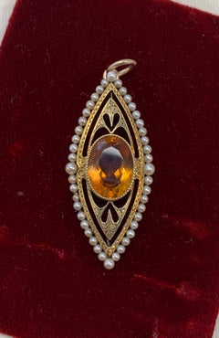 5 Carat Citrine Pearl Heart Pendant Lavalier Necklace Antique Victorian 14 Karat