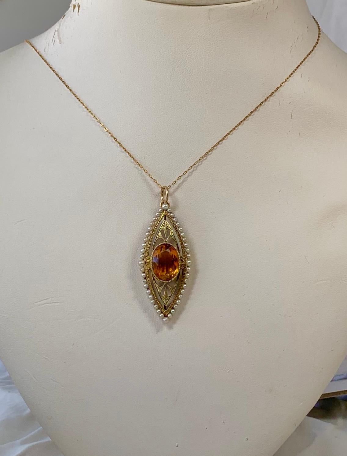 Oval Cut 5 Carat Citrine Pearl Heart Pendant Lavalier Necklace Antique Victorian 14 Karat For Sale
