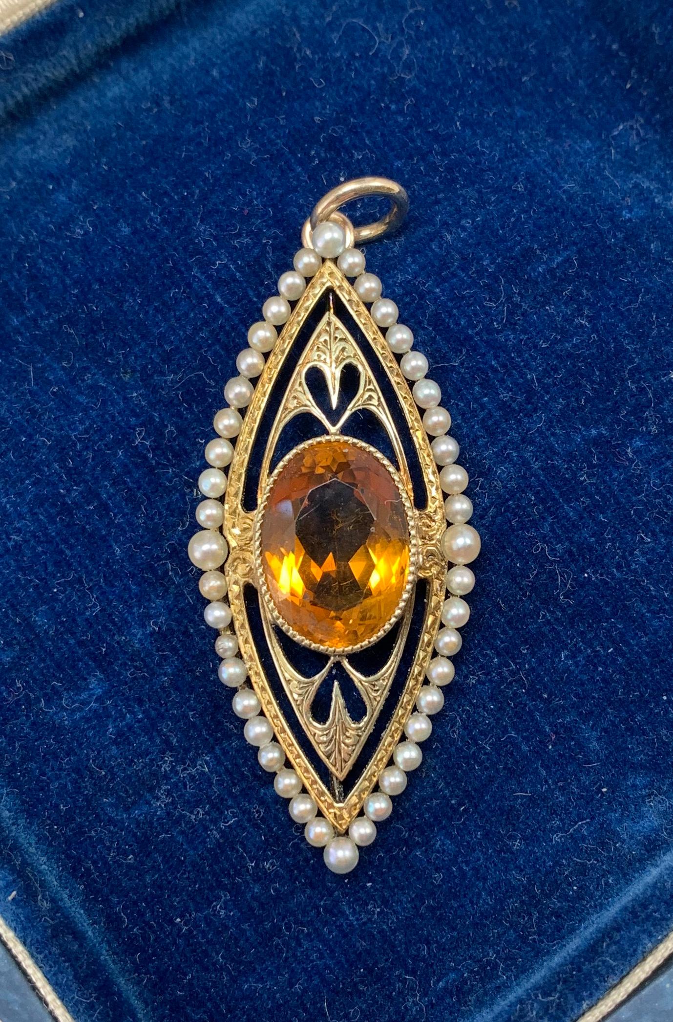 5 Carat Citrine Pearl Heart Pendant Lavalier Necklace Antique Victorian 14 Karat In Good Condition For Sale In New York, NY