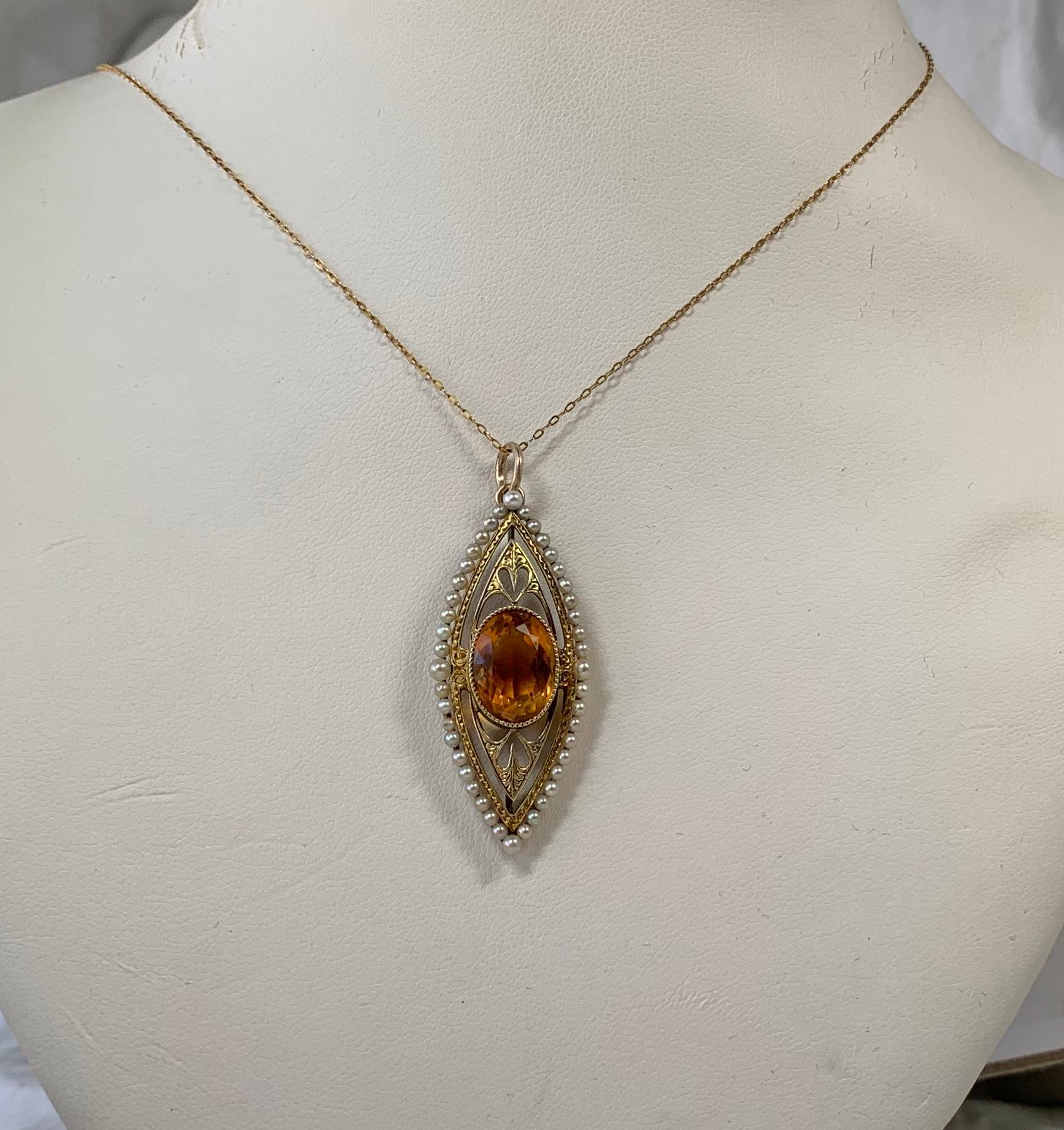 Women's 5 Carat Citrine Pearl Heart Pendant Lavalier Necklace Antique Victorian 14 Karat For Sale