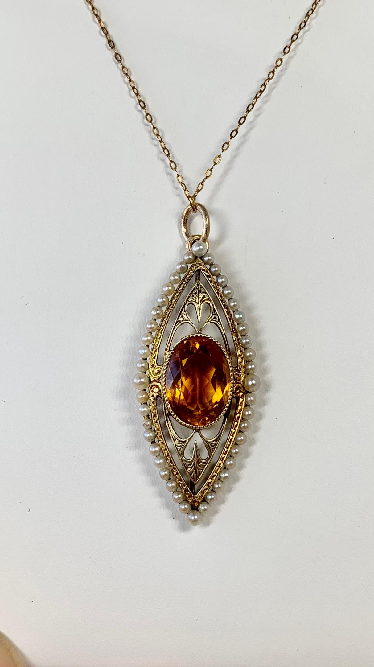 5 Carat Citrine Pearl Heart Pendant Lavalier Necklace Antique Victorian 14 Karat For Sale 1