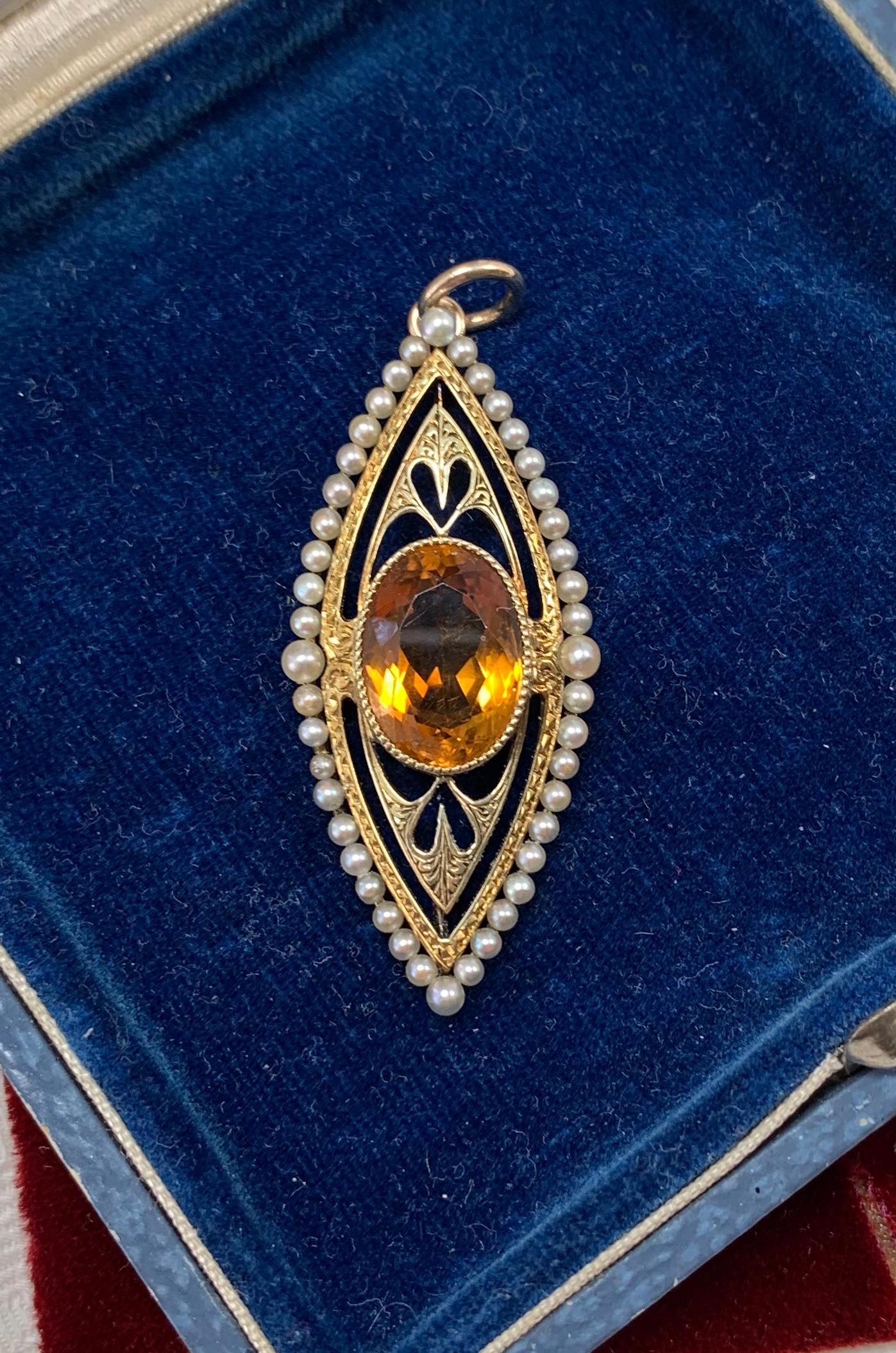5 Carat Citrine Pearl Heart Pendant Lavalier Necklace Antique Victorian 14 Karat For Sale 2